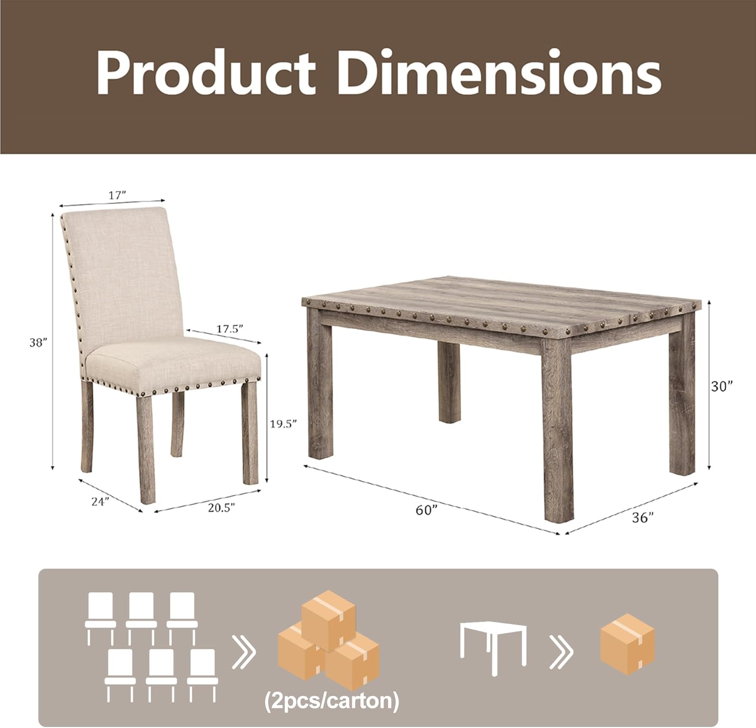 Morden Fort Rustic Dining Table Set for 6, Farmhouse Kitchen Dining Chairs for 6, Charming 60 Rectangular Wooden Table&6 Upholstered Chair with Nailhead Accents for Dining Hub,Breakfast Nook
