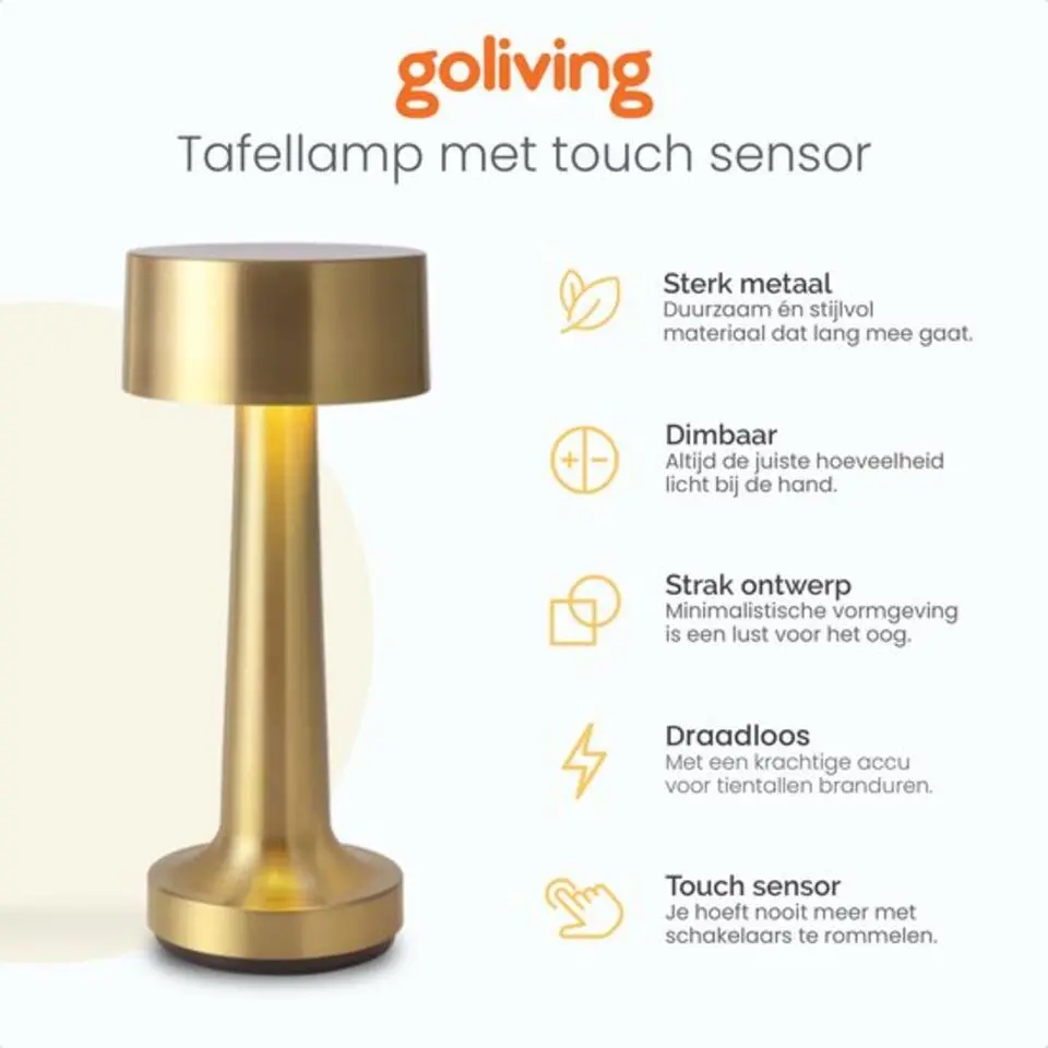 Goliving Tafellamp Oplaadbaar �?Draadloos en dimbaar �?Moderne touch lamp