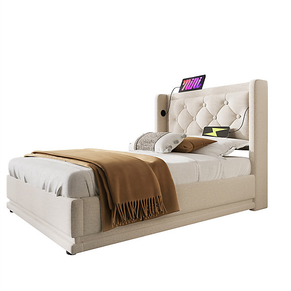 Lit adulte lit 90x200 cm lit rembourré hydraulique lit de rangement Single coton beige