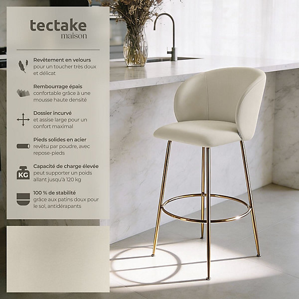 Chaise de bar en velours rembourré avec dossier large et un repose-pieds Lot de 2