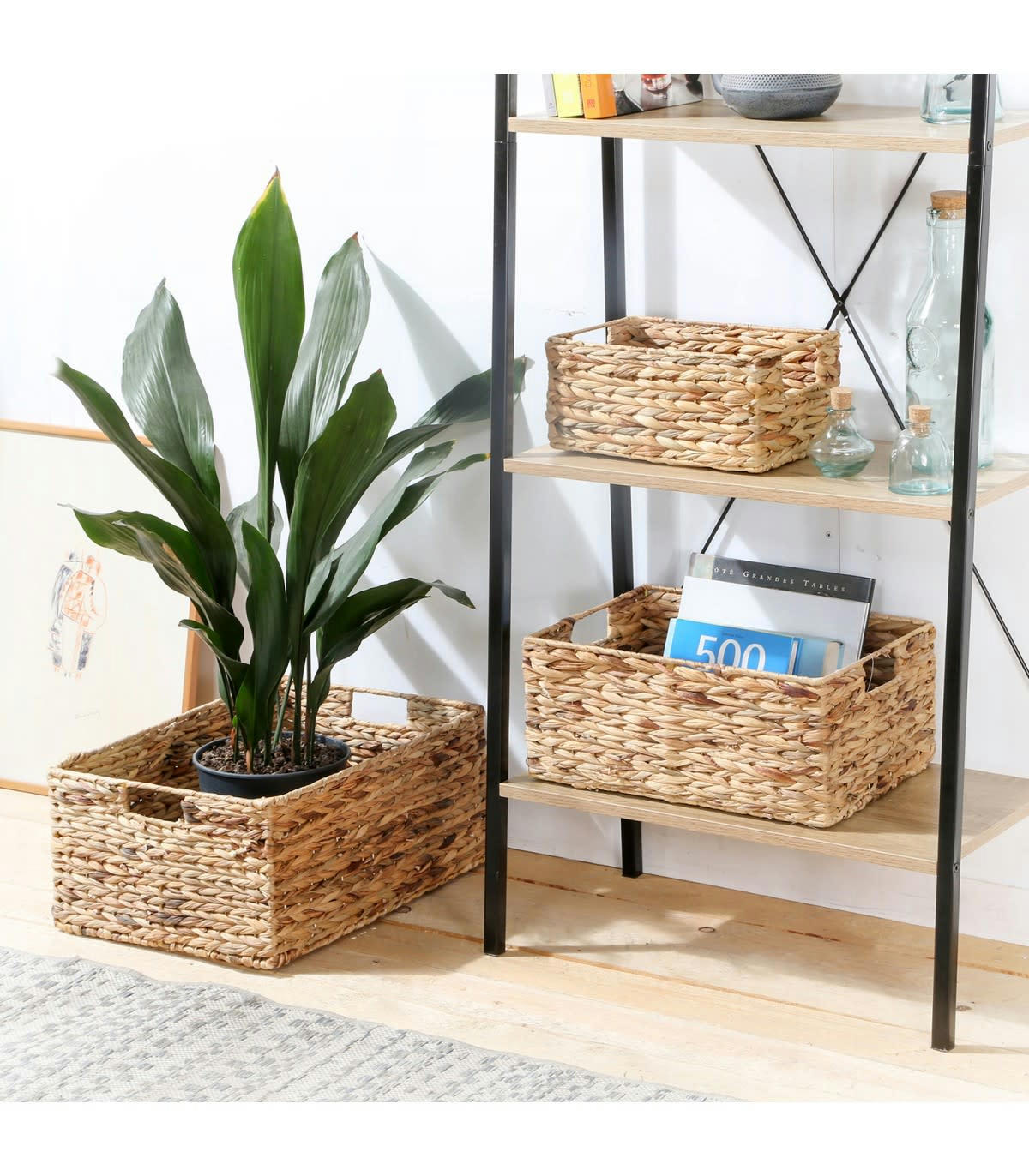 - Paniers en jacinthe d'eau avec armature métal - Lot de 3 - Marron