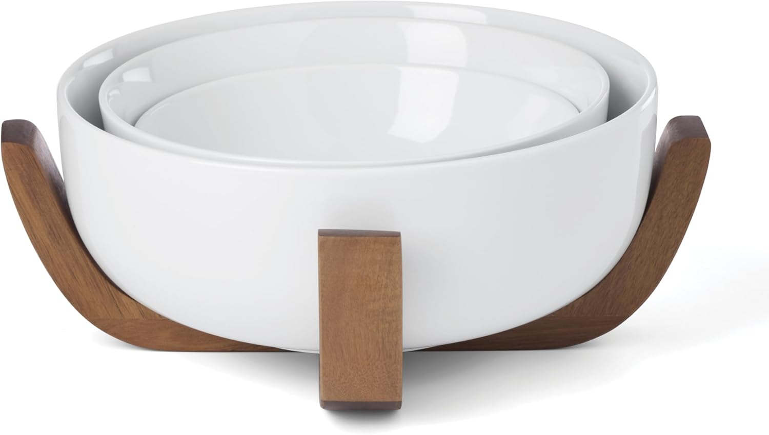 Oneida Serveware, 24 Seven 3-Piece Nesting Bowl Set With Wood Stand, Porcelain Material Wooden Stand, Home And Kitchen, Dishwasher And Microwave Safe, Serving Bowls, Salad Bowl (White, 4 Pieces)