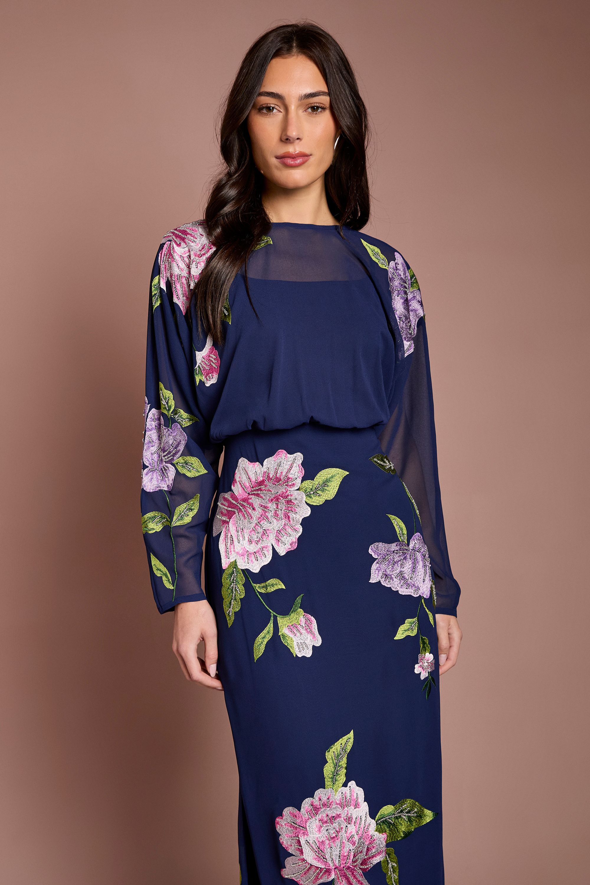 Coast Embroidered Floral Blouson Bodice Pencil Midi Dress