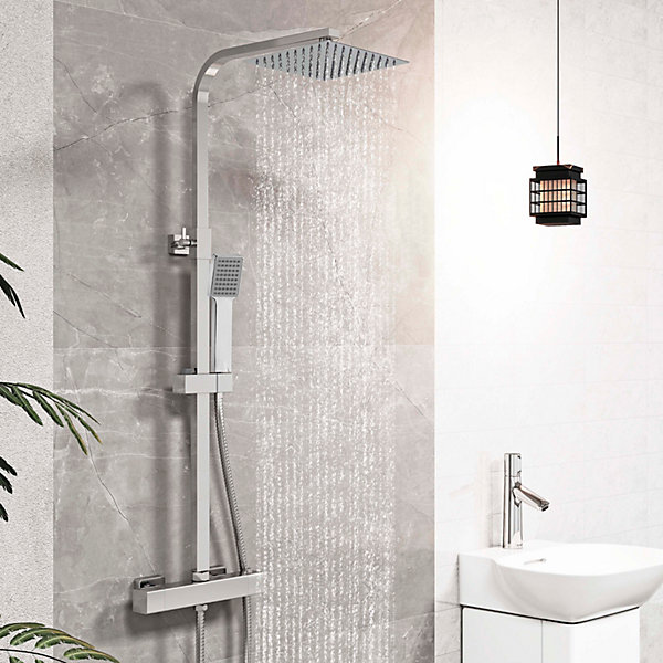 AICA colonne de douche thermostatique avec pomme de tête, douchette et flexible,effet chromé,Carré