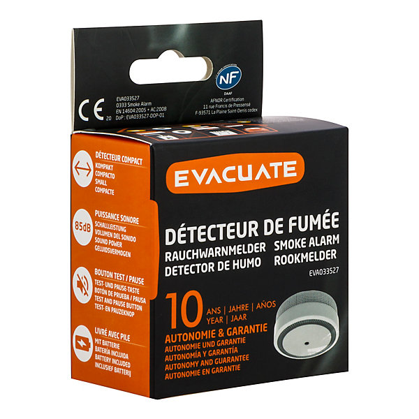 Détecteur de fumée Evacuate autonomie 10 ans 85 dB(A)