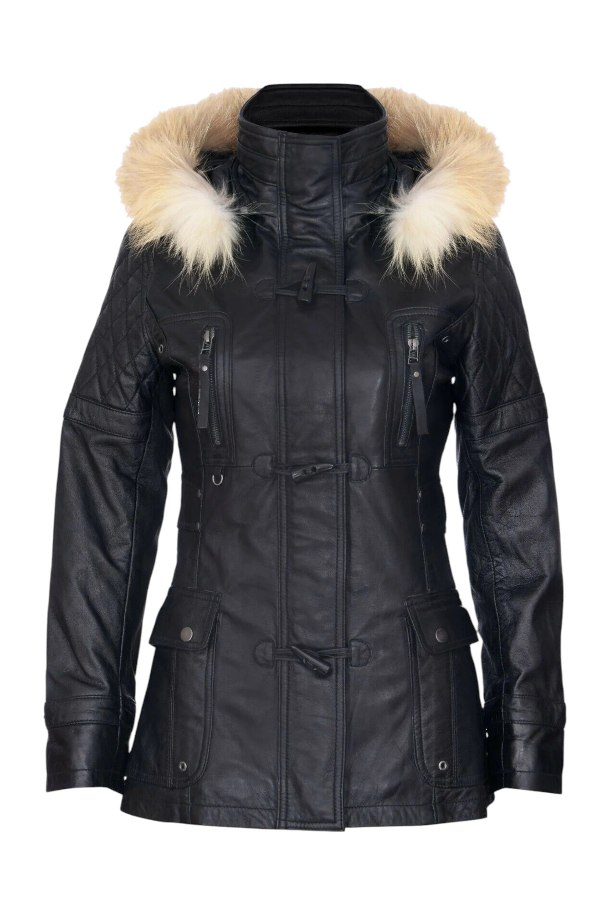 Infinity Leather Lamb Leather Quilted Parka Fur Hood Jacket- Duchess