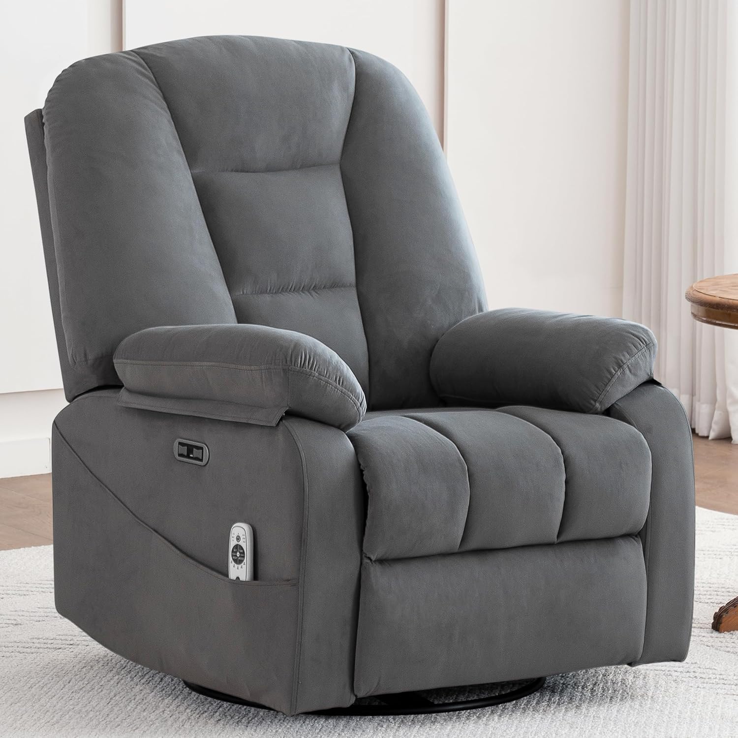 Power Swivel Rocker Recliner with Massage and Heat, USB and Type-C Port, Infinite Position, Electric Glider Rocking Chairs Living Room, Soft Fabric Reclining Sofa Chair (Velvet Grey)