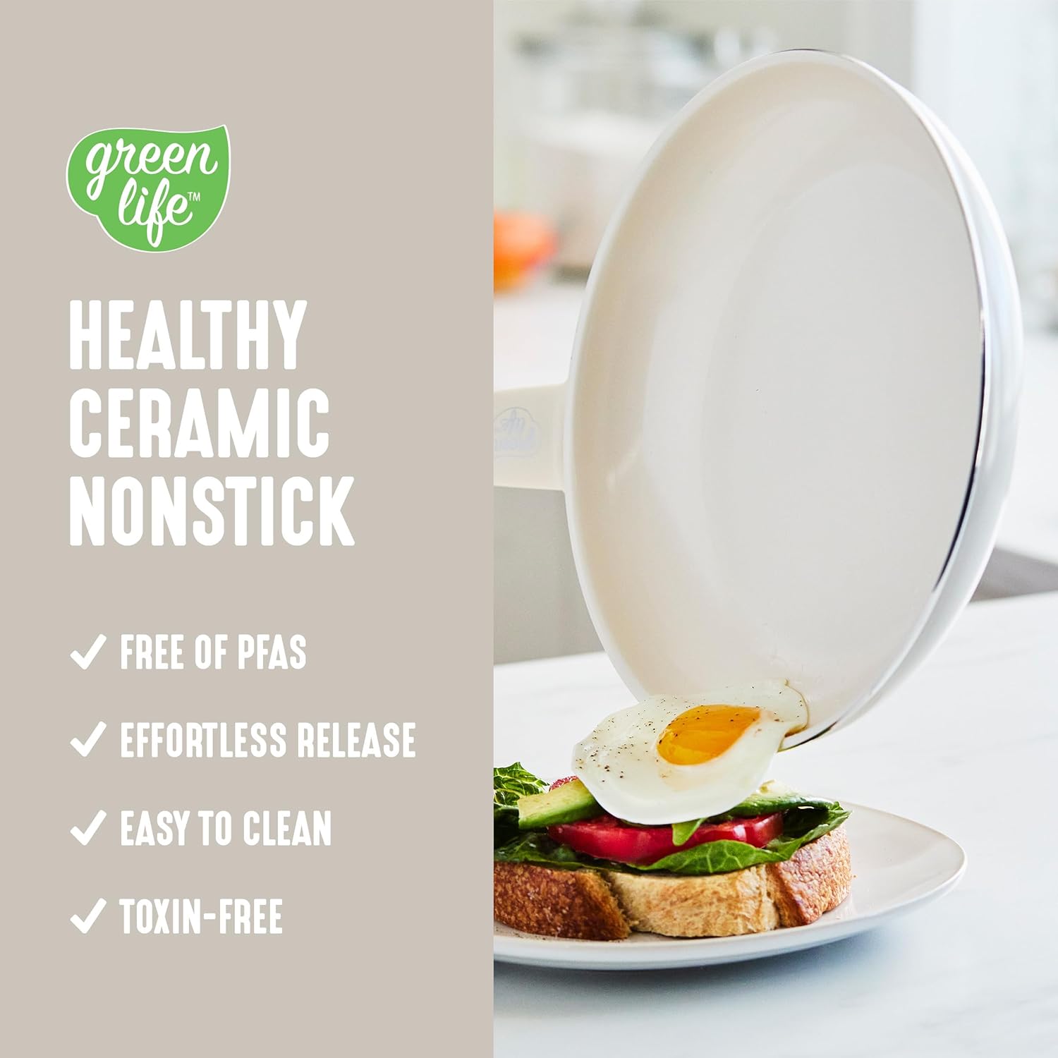 GreenLife Soft Grip 16 Piece Cookware Set, Non-Toxic PFAS-Free Ceramic Nonstick, Frying, Sauce, Saute, Utensils, Glass Lids, Stay-Cool Handles, Wobble Free, Dishwasher & Oven Safe, Cream