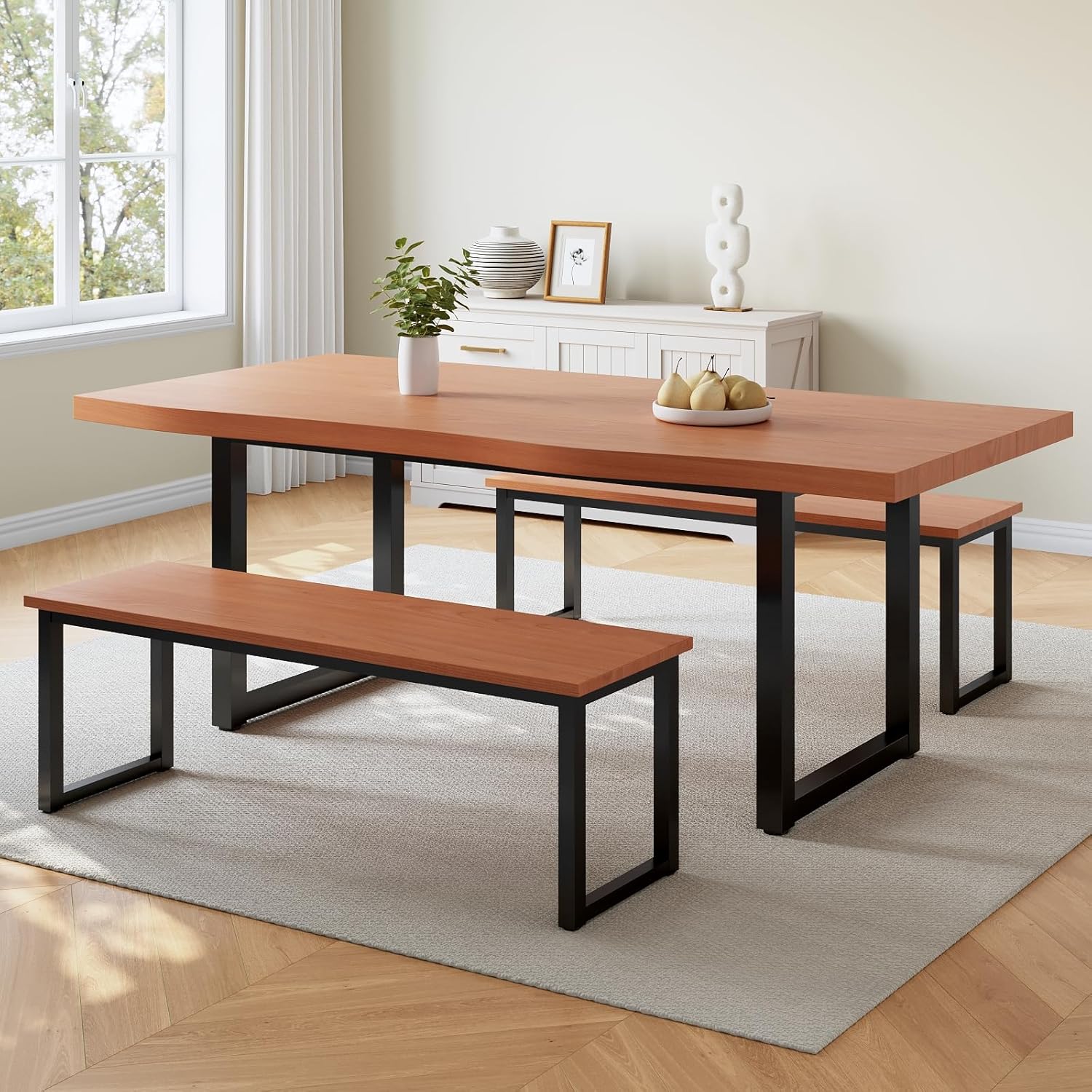 63 Dining Table with 2 Bench, Modern Kitchen Table Set for 4 to 6 Persons, Thickened MDF Wooden Table for Dining Room, Kitchen,Living Room