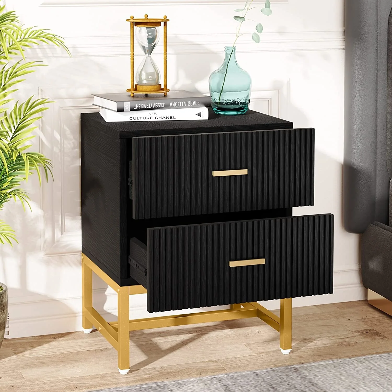 2-Drawer Nightstand, Modern Black and Gold Bedside Table for Bedroom