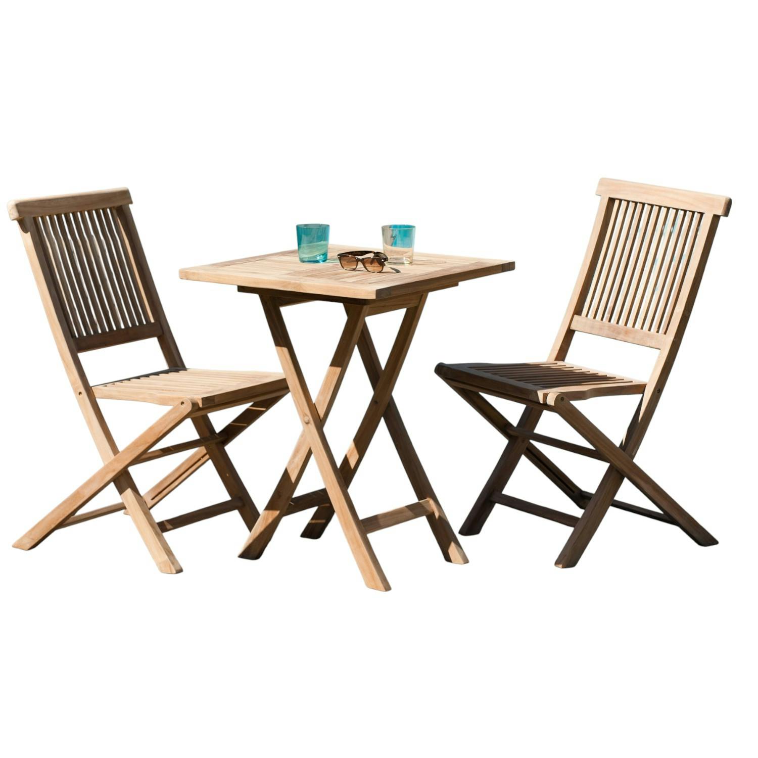 Salon de jardin en teck Table carrée 60 cm et 2 chaises Java pliantes SUMMER