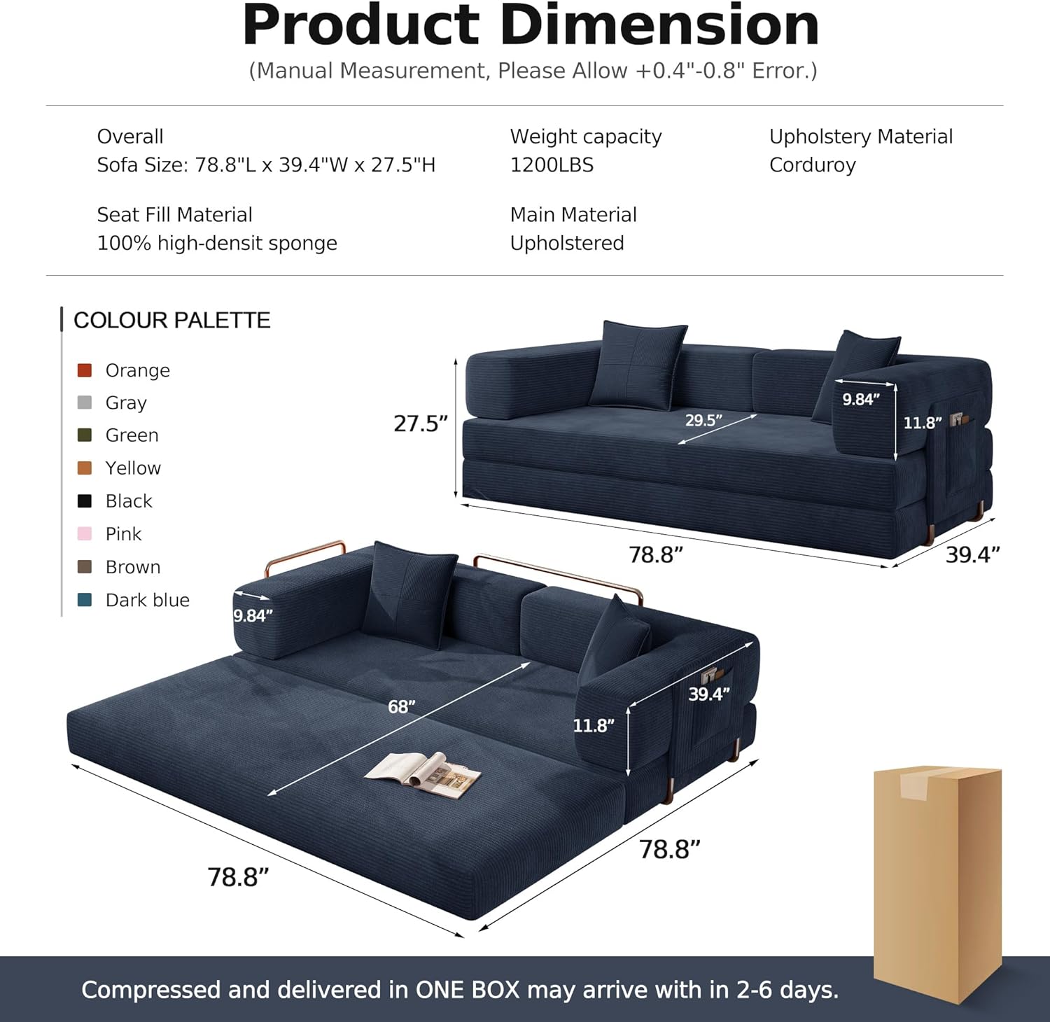 MoonSpeak 78.8''Sleeper Couch Bed for Livingroom,Convertible Modular Sofa with Armrest Pillow,Modular Foldable Corduroy Couches in a Box,No Assembly (Blue)