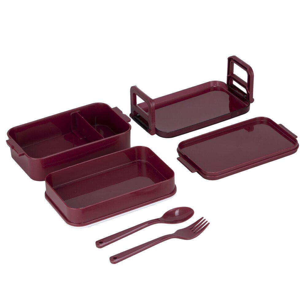 BoÎte déjeuner rectangulaire plastique 2 niveaux et couverts 18x10xH8,5cm (2 modèles)