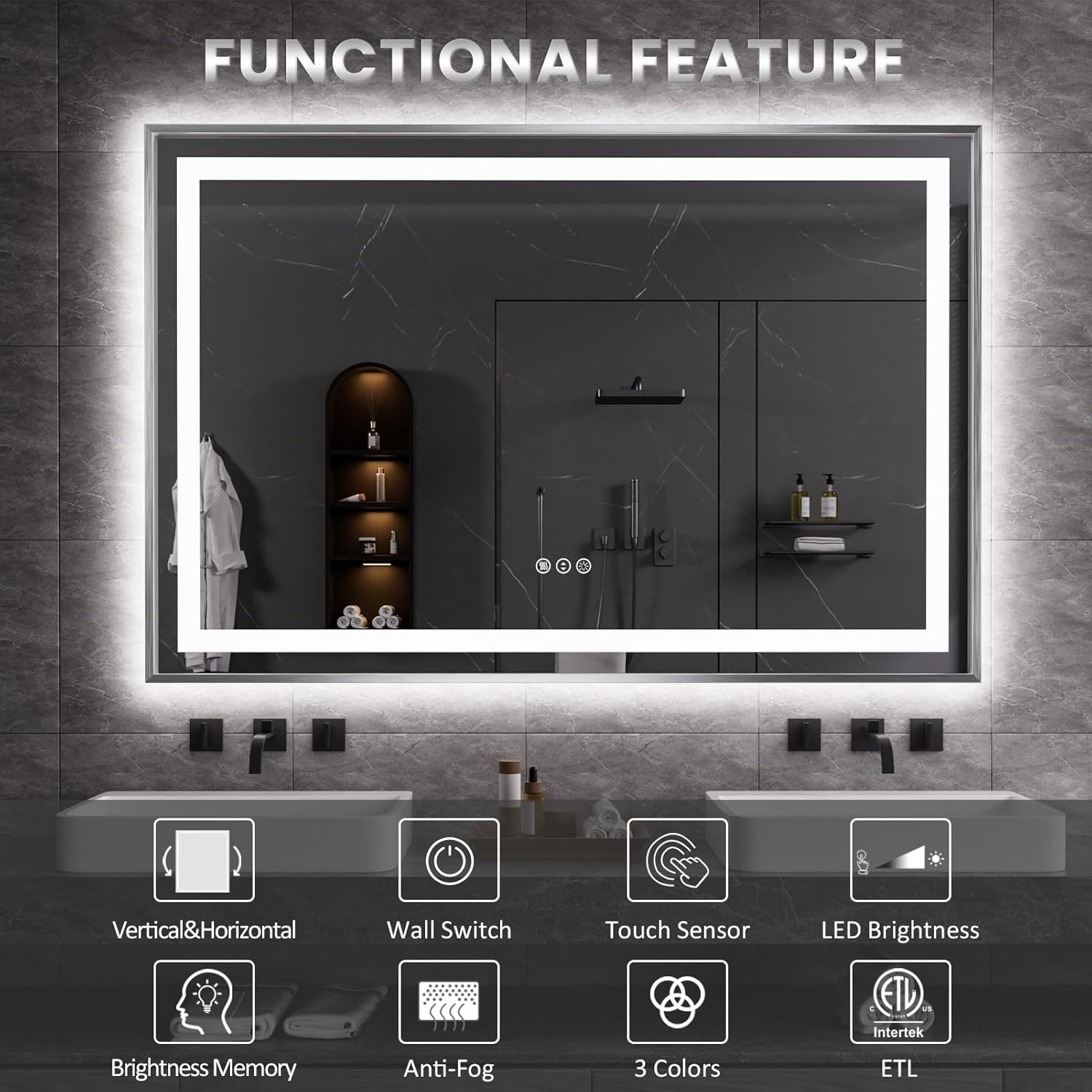 Amorho 60 X40 LED Bathroom Mirror, Brushed Nickel Framed Mirror with Front Light and Backlit, Stepless Dimmable, Anti-Fog, Shatter-Proof, Memory, 3 Colors