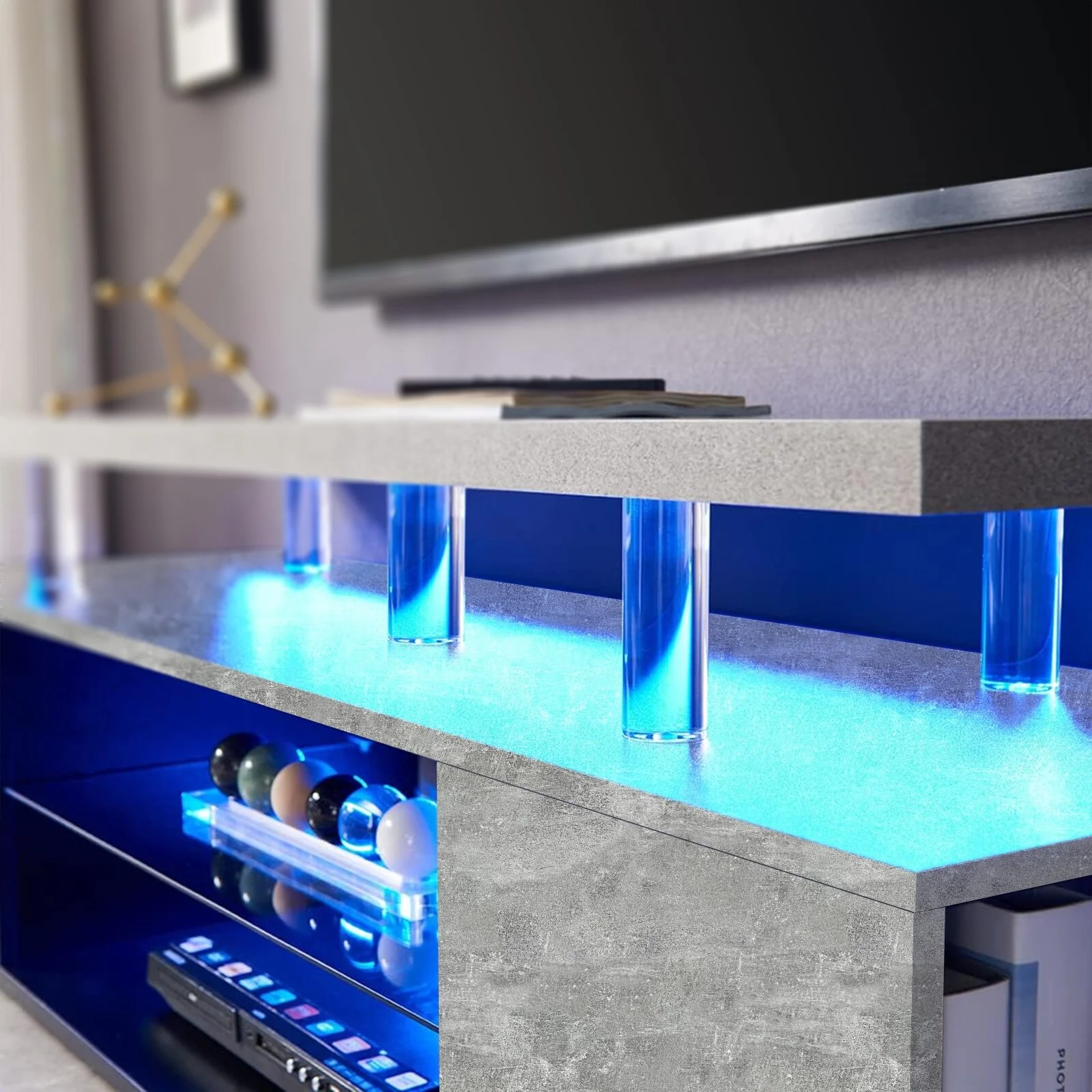 Gray 63 LED Gaming TV Stand with Cabinet & Multi-Colored LED for 70 TVs