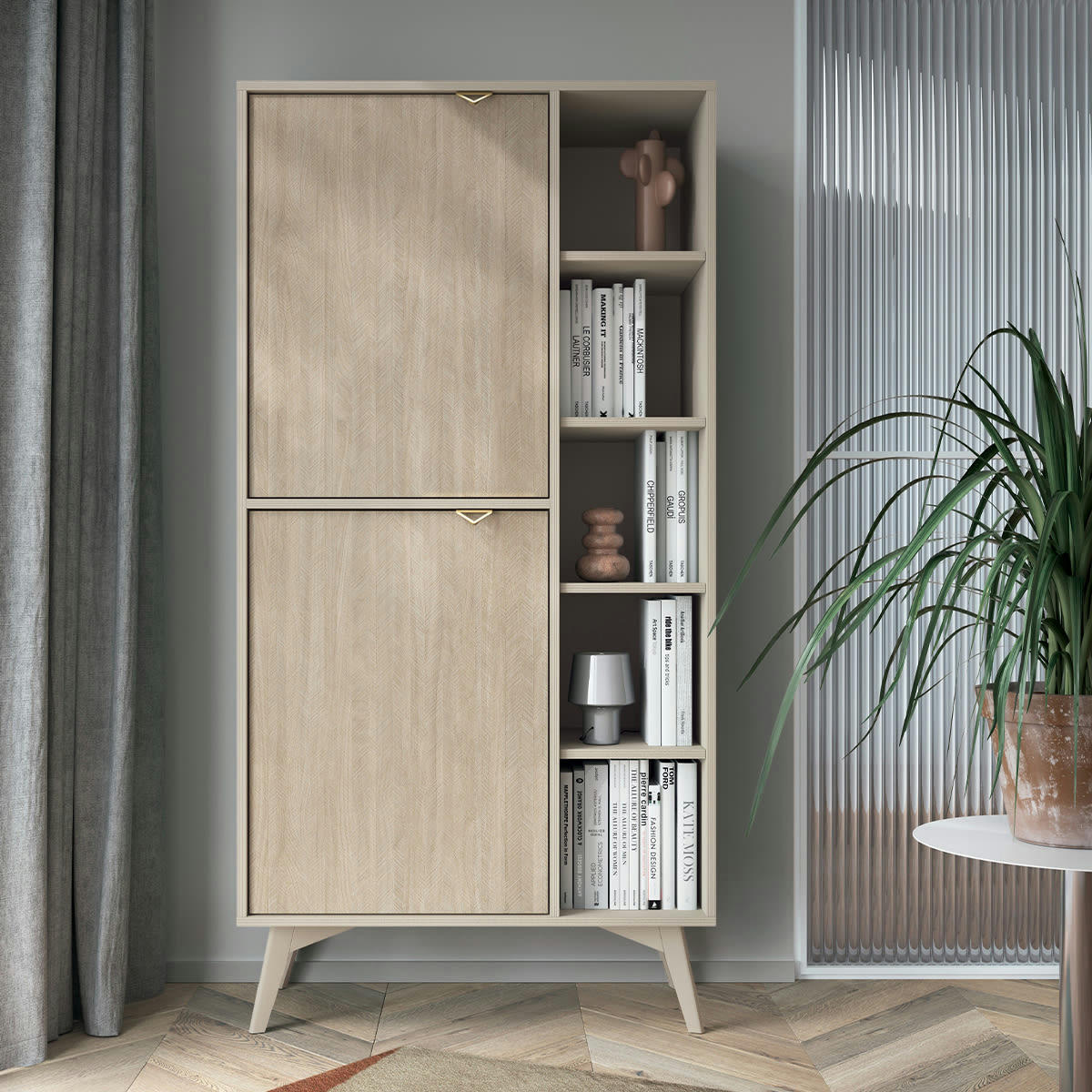 - Bibliothèque 2 portes beige et naturel