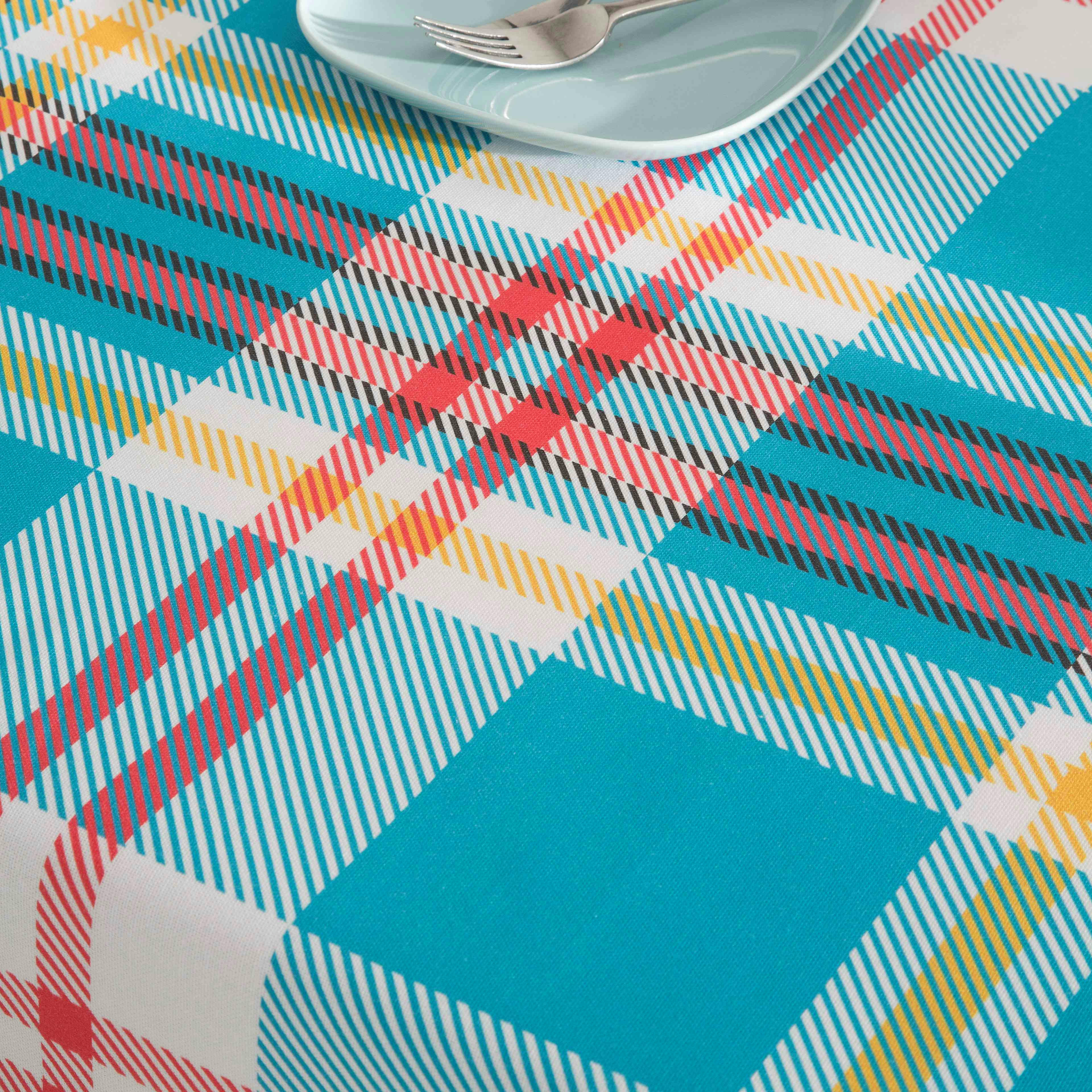 VALIA - Nappe imprimée bleu avec traitement anti-taches en coton 140x300 cm