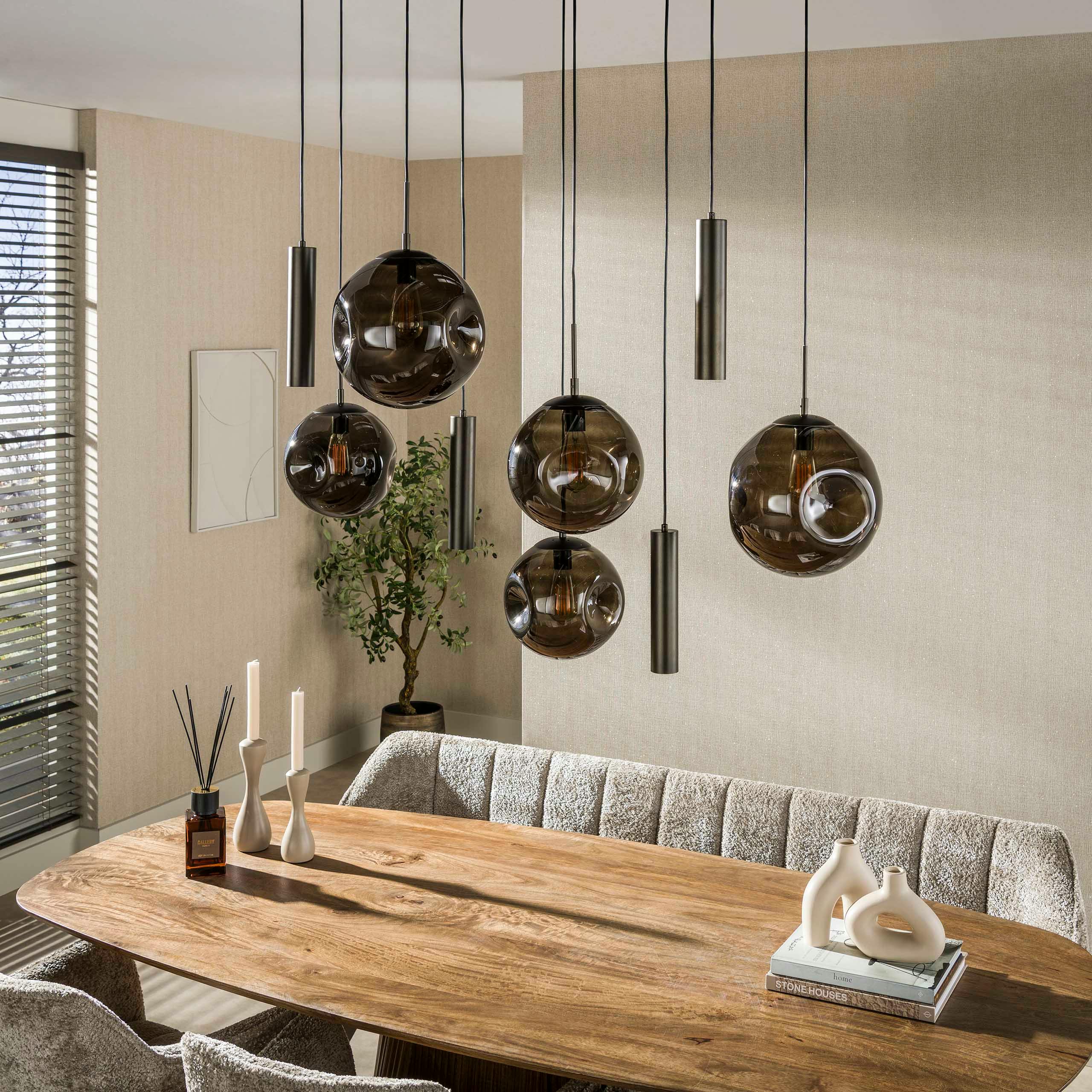Suspension de table verre brun métal bronze 9 lampes NIAGARA