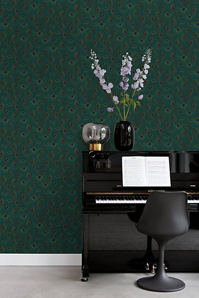 Origin Wallcoverings papier peint plumes de paon bleu canard 53 cm x 10.05 m