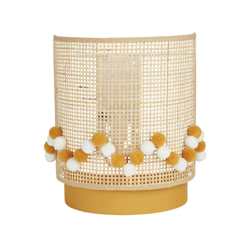 LOUNA - Applique en rotin et tissu jaune décoré de pompons écrus et jaunes