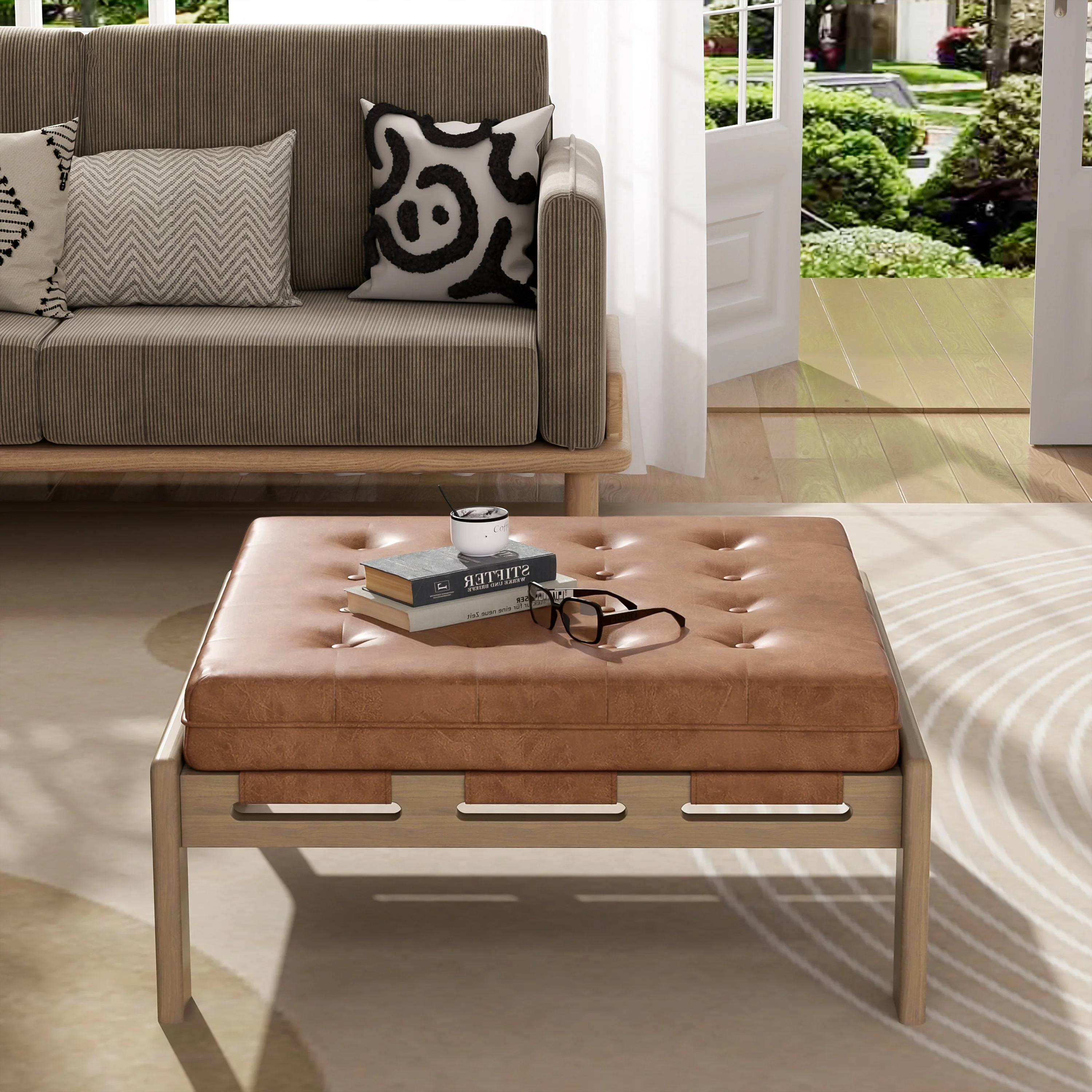 Christopher Knight Home - 34'' Tufted Upholstered Cocktail Ottoman, Square Leather Ottoman Coffee Table with Rubber Wood Frame