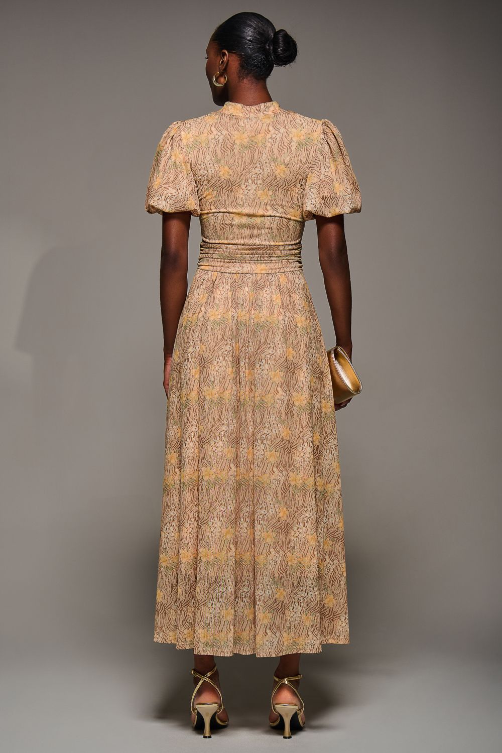 Jolie Moi Puffy Sleeve Printed Mesh Maxi Dress