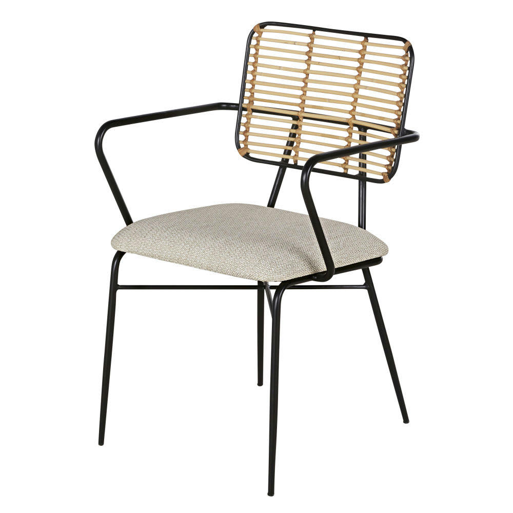 Dao - Fauteuil à dîner en rotin beige et métal noir