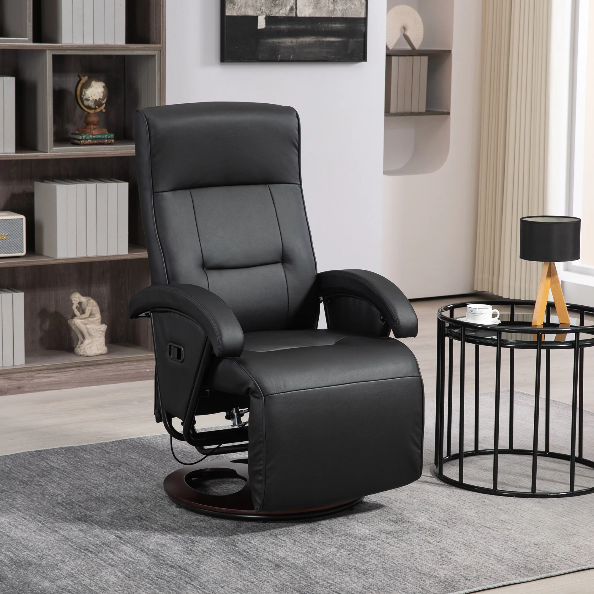 PU Leather Swivel Recliner Chair with 135° Adjustable Backrest, Footrest & Wooden Base for Living Room Relaxation