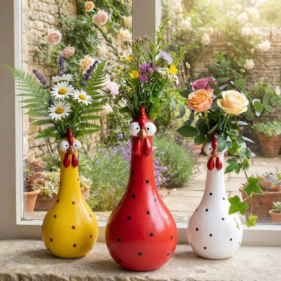 Rooster Flower Vase, Colorful Resin Bird Decor, Farmhouse Table Accent, Rustic Home Vase