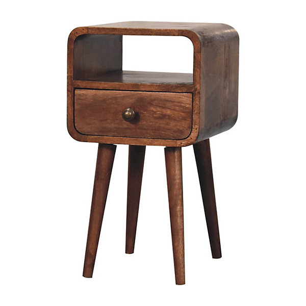 Artisan Furniture Bois massif Mini miel caramel courbé table de chevet avec niche ouverte, 1 tiroir, marron