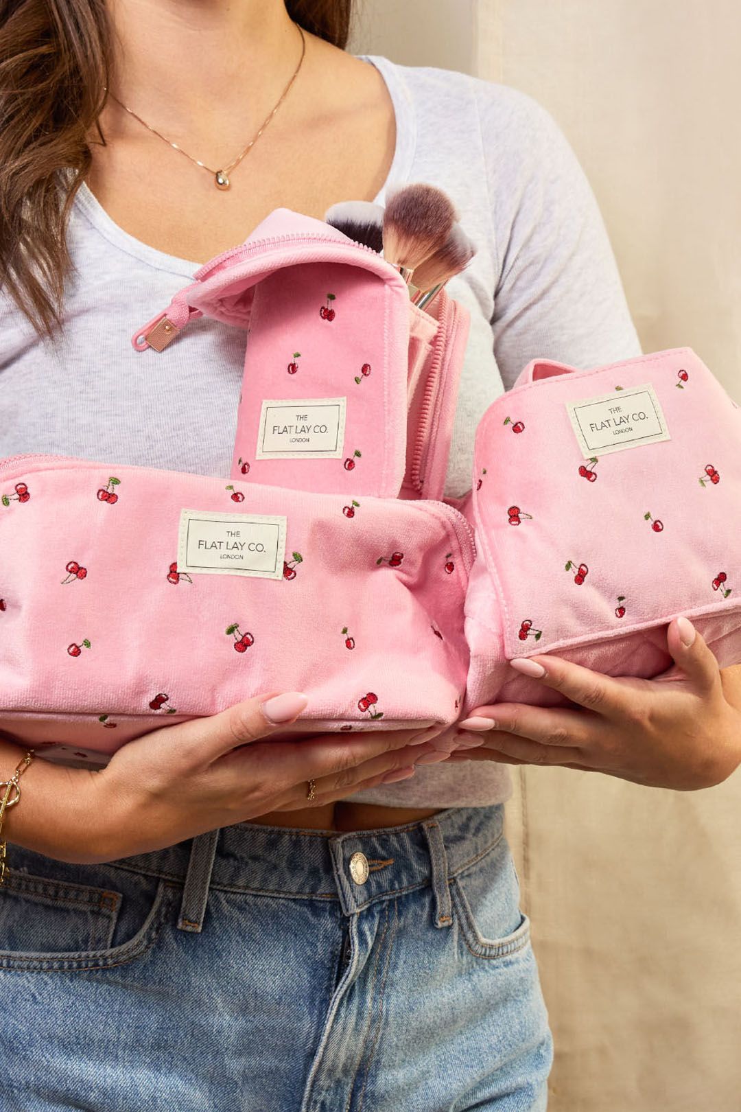The Flat Lay Co Drawstring Makeup Bag - Ditsy Cherries Pink Embroidered Velvet