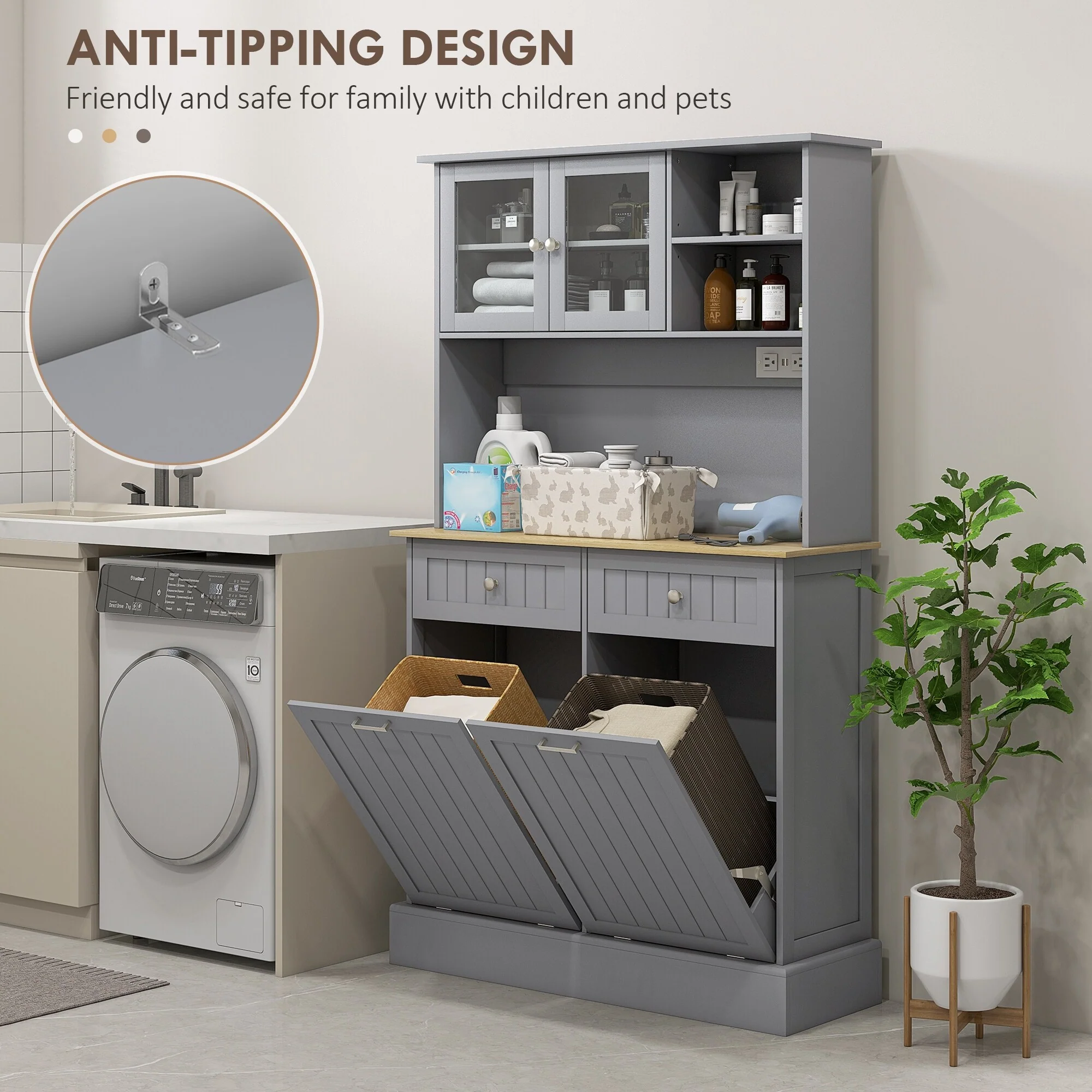 Modern Storage Cabinet with Charging Station, Glass Doors and Adjustable Shelf