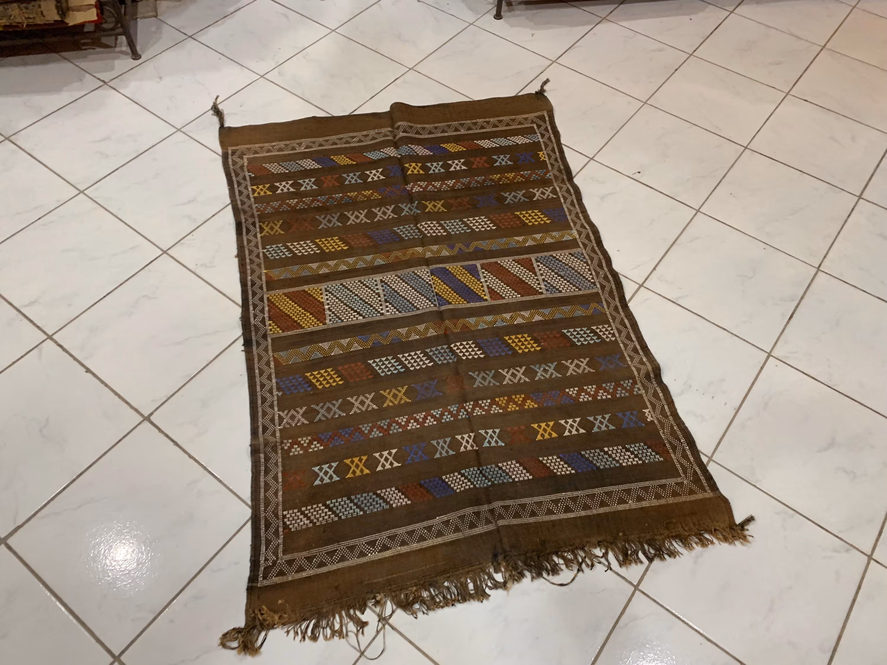 Vintage Moroccan Berber Rug – Handmade Wool Kilim with Colorful Geometric Symbols