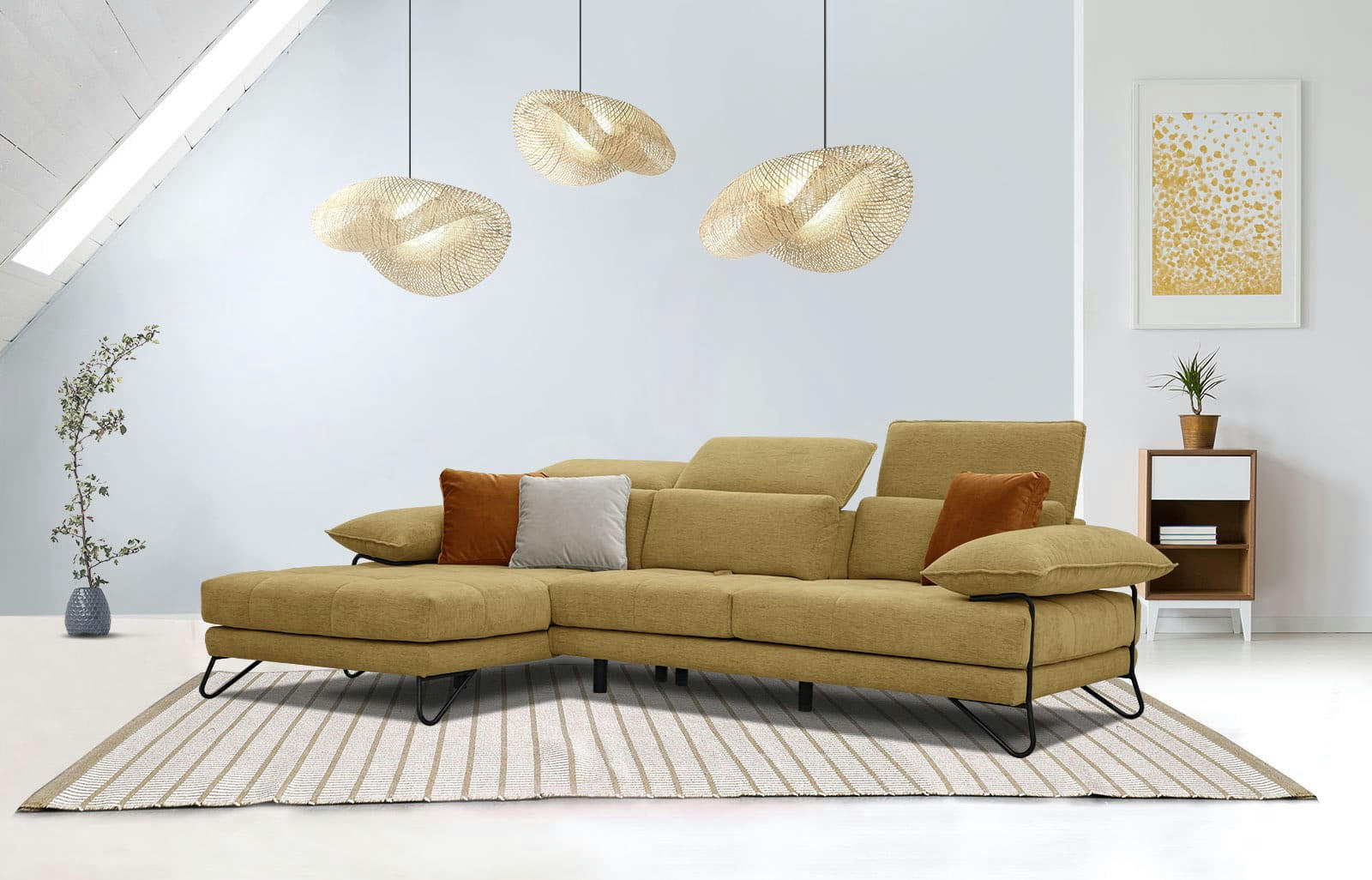 NORDEN - Canapé d'angle gauche 4 places en tissu jaune avec coussins déco