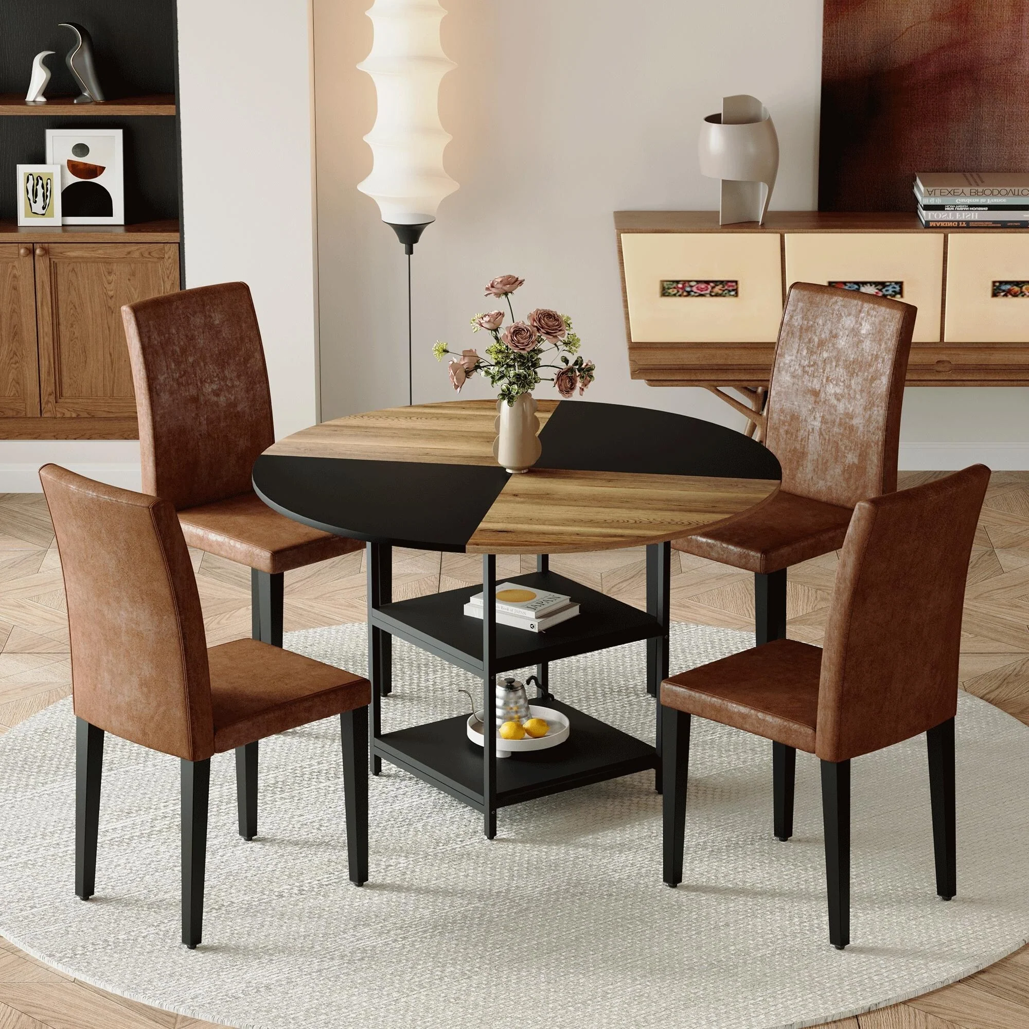 47.3-inch Round Dining Table Set with Double-Layer Storage, PU Chairs, Wood and Black Fan Panels, Non-Slip Mats
