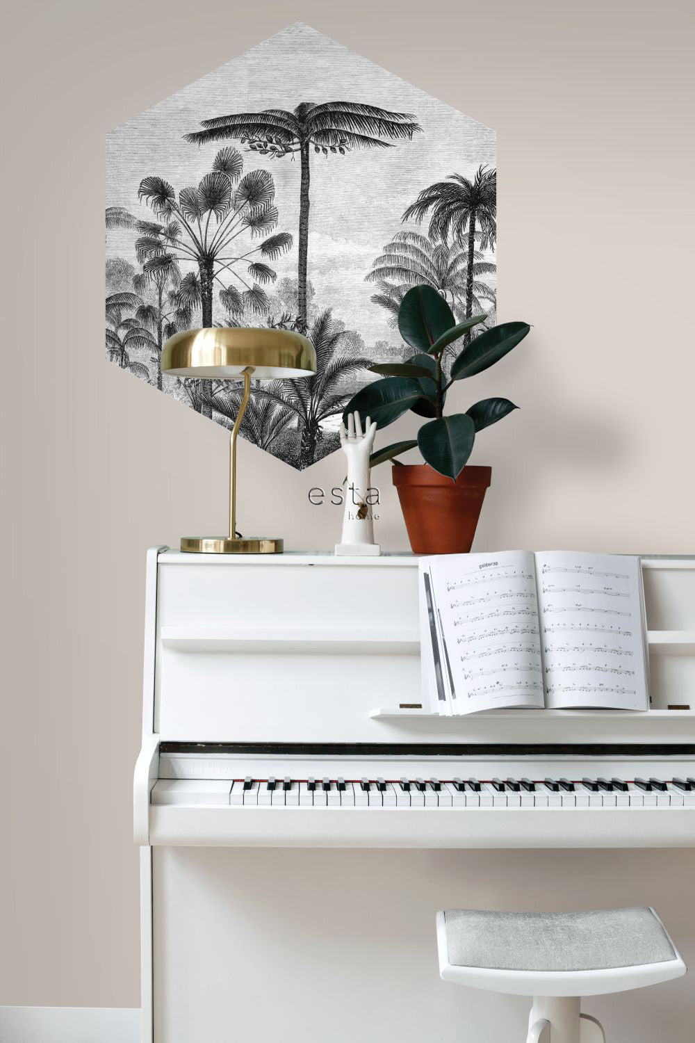 ESTAhome muursticker tropisch landschap met palmbomen zwart wit - 70 x 81 cm - 159000
