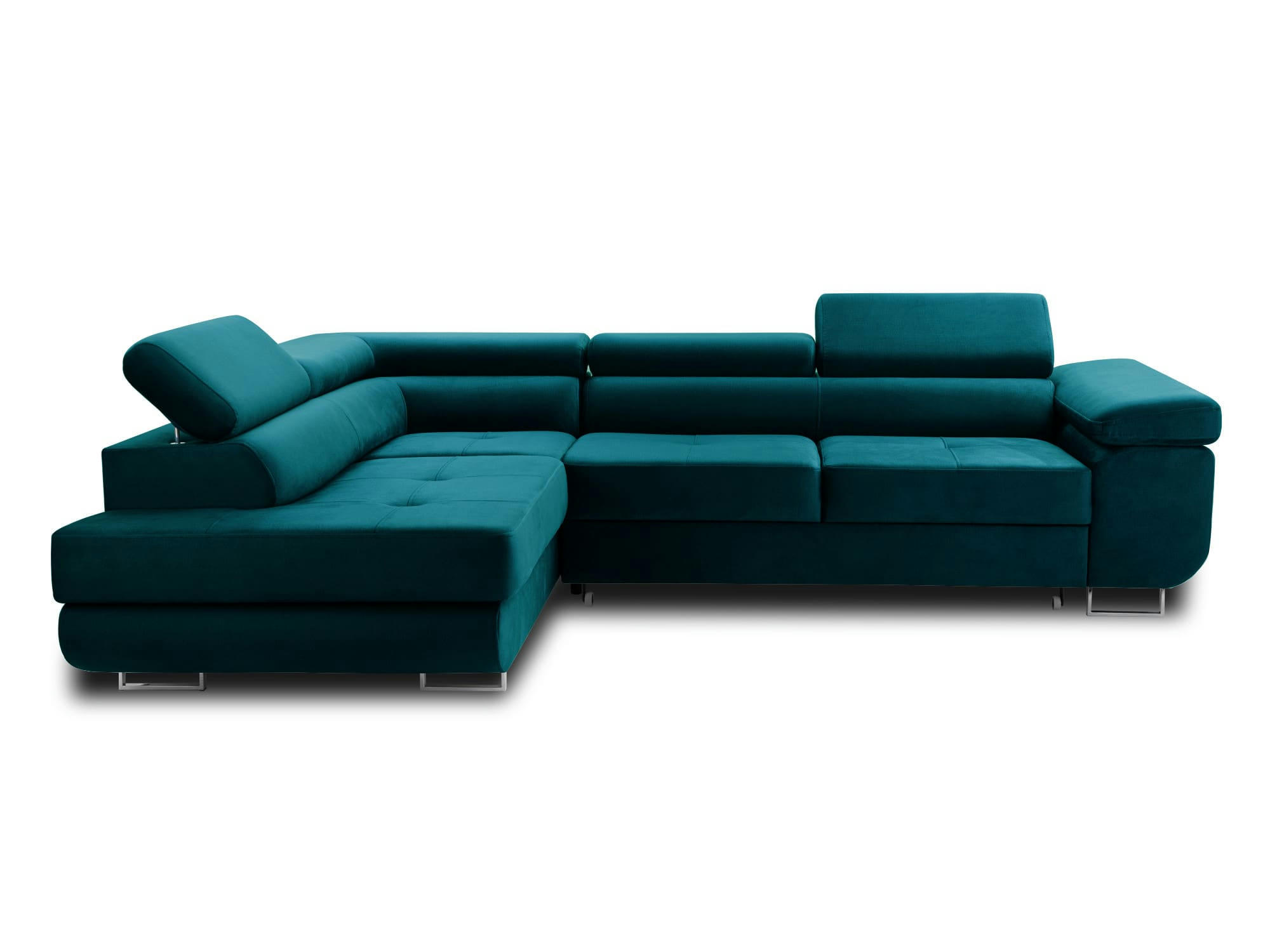 PABLO - Canapé d'angle gauche convertible 5 places en velours bleu canard