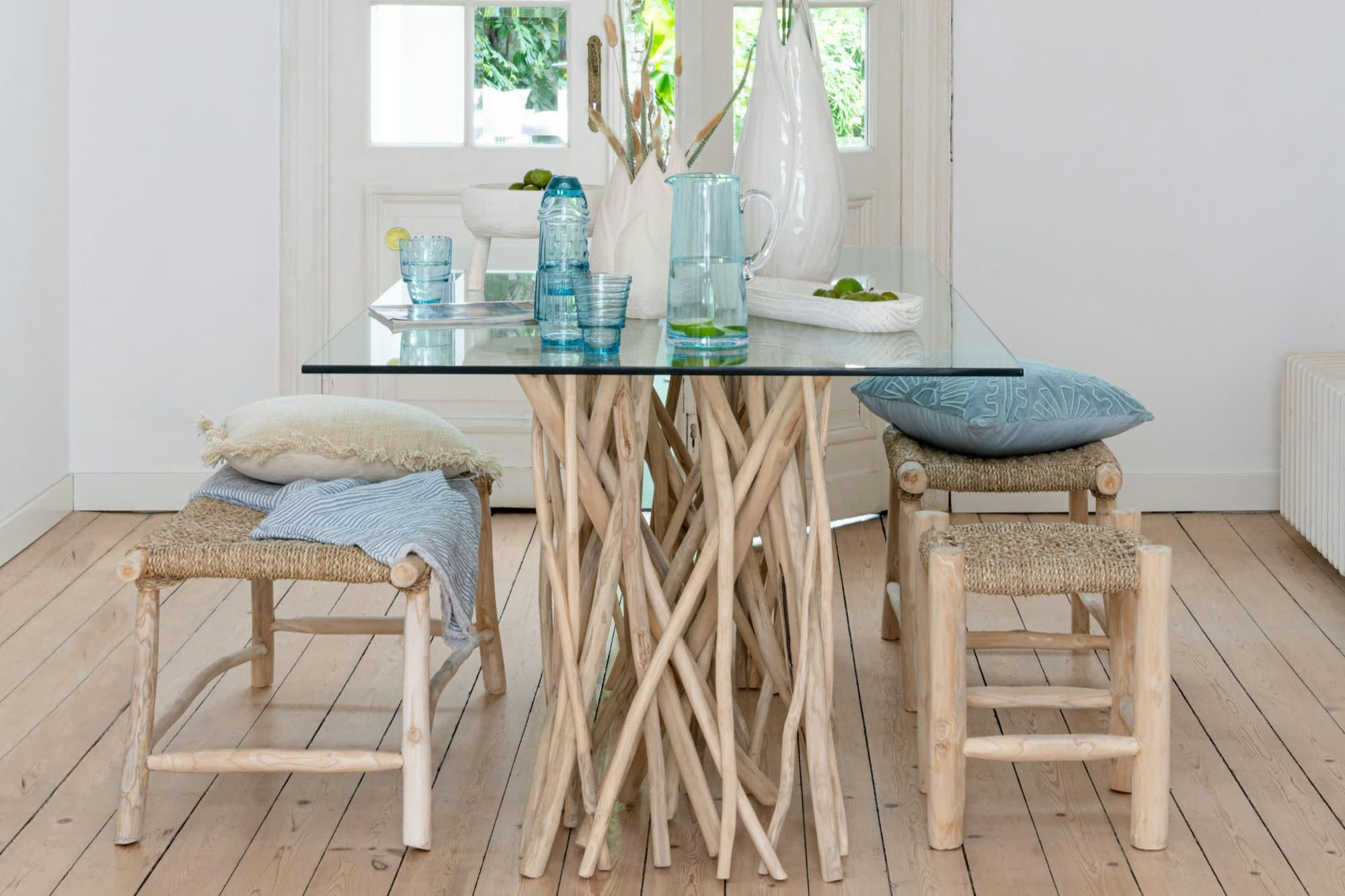 CHAM - Lot de 2 tabouret artisanal carré en teck et jonc de mer