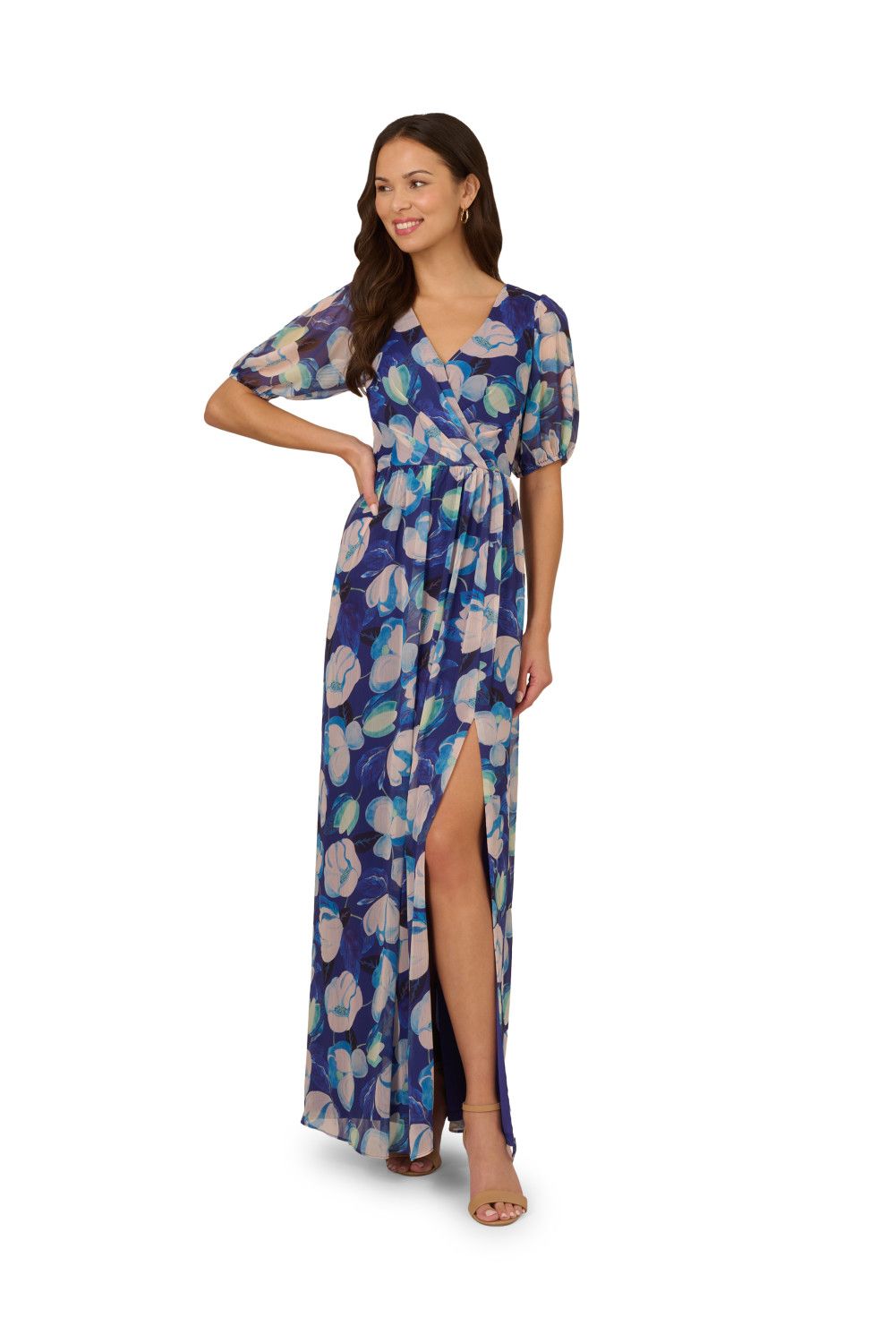 Adrianna Papell Crinkle Chiffon Floral Gown