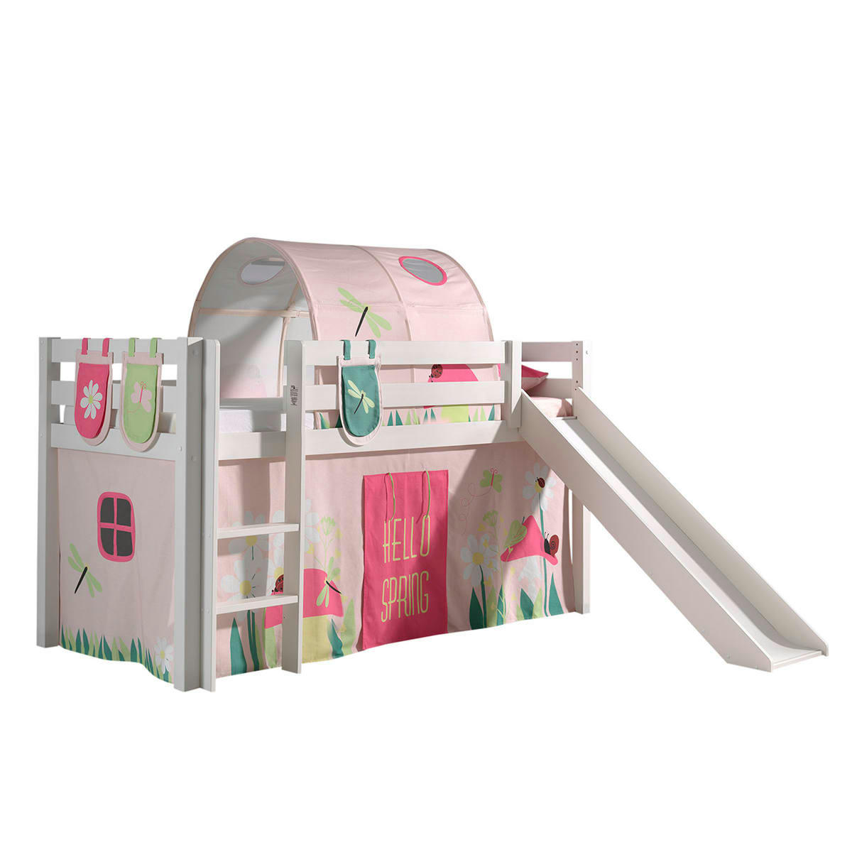 PINO - Lit mi-hauteur 90x200 toboggan sommier inclus housse spring blanc