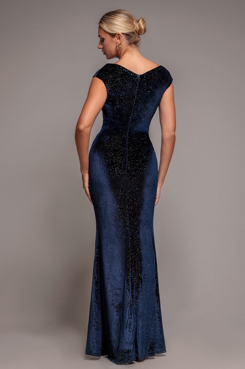 Goddiva Shimmer Velvet Bardot Maxi Dress