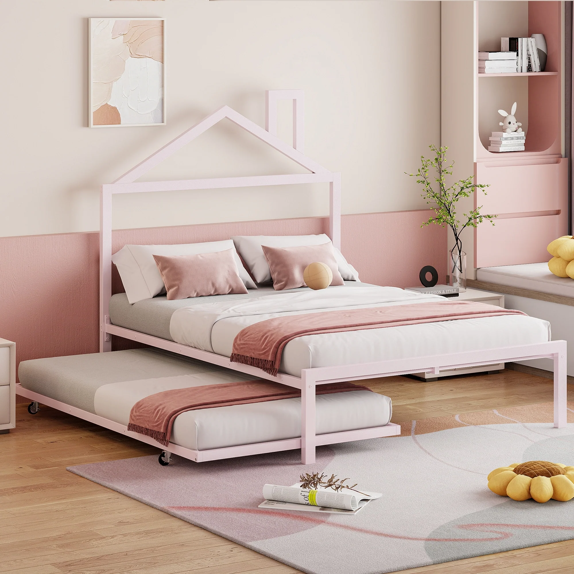 House-Shaped Metal Bed with Trundle, Space-Saving Twin Platform for Kids.