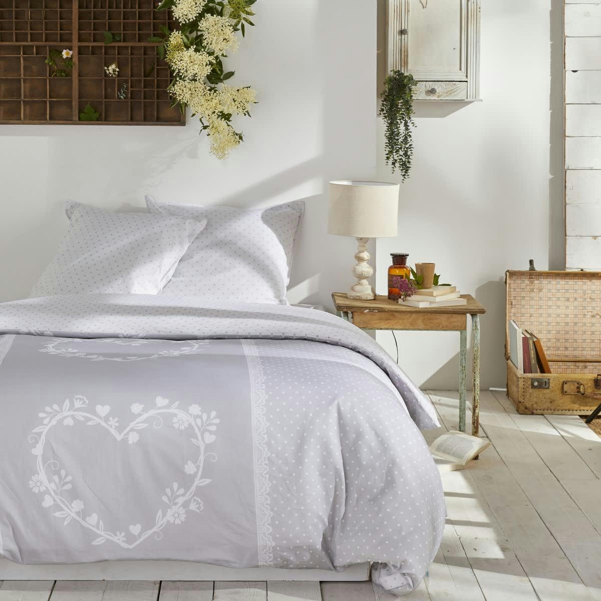 CHARME CONSTANCE - Parure de lit imprimé en coton gris clair 260x240