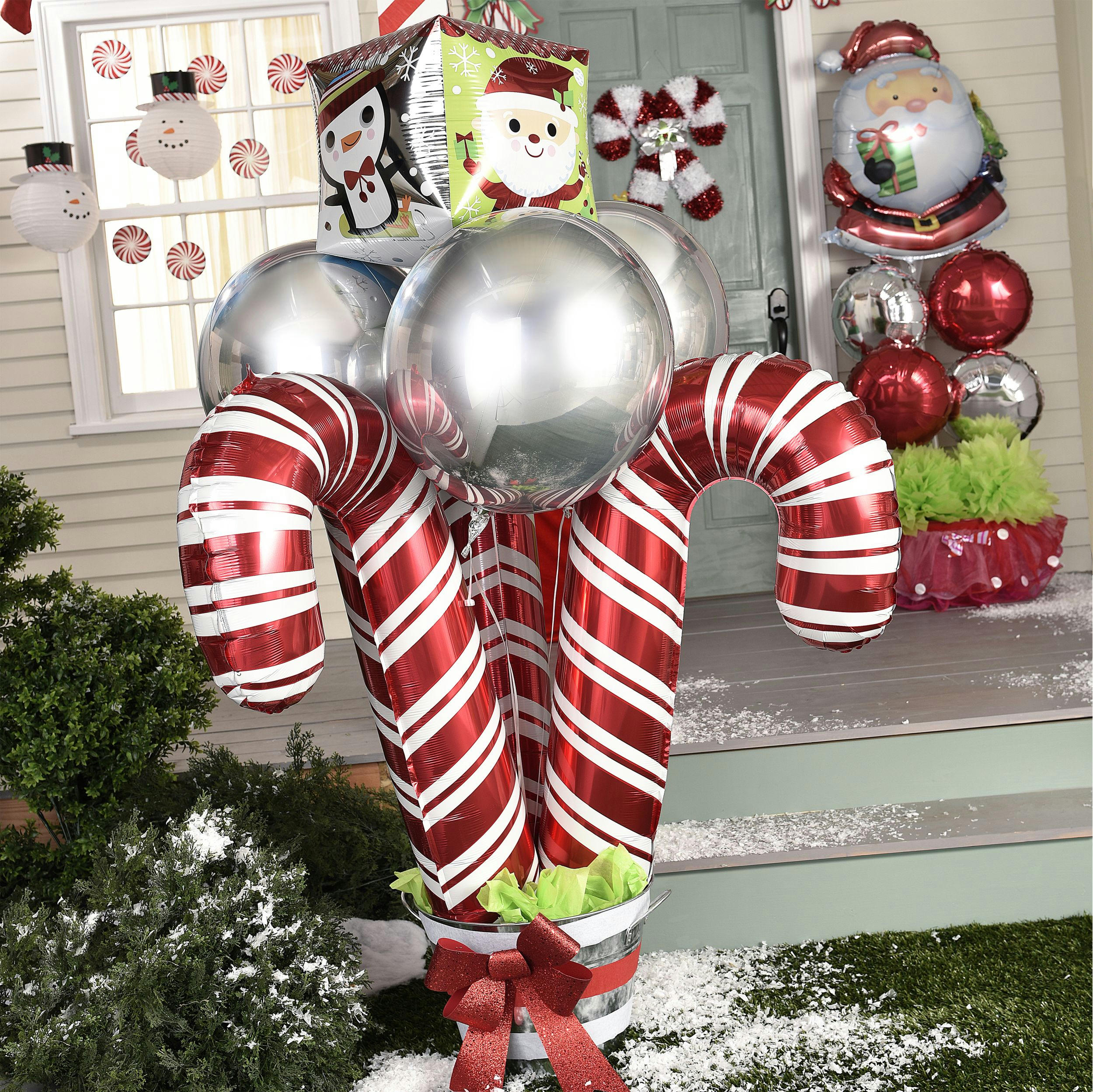 Candy Cane Satin Foil Balloon, Red/White, Striped, 28-in, Helium Inflation & Ribbon Included for Christmas