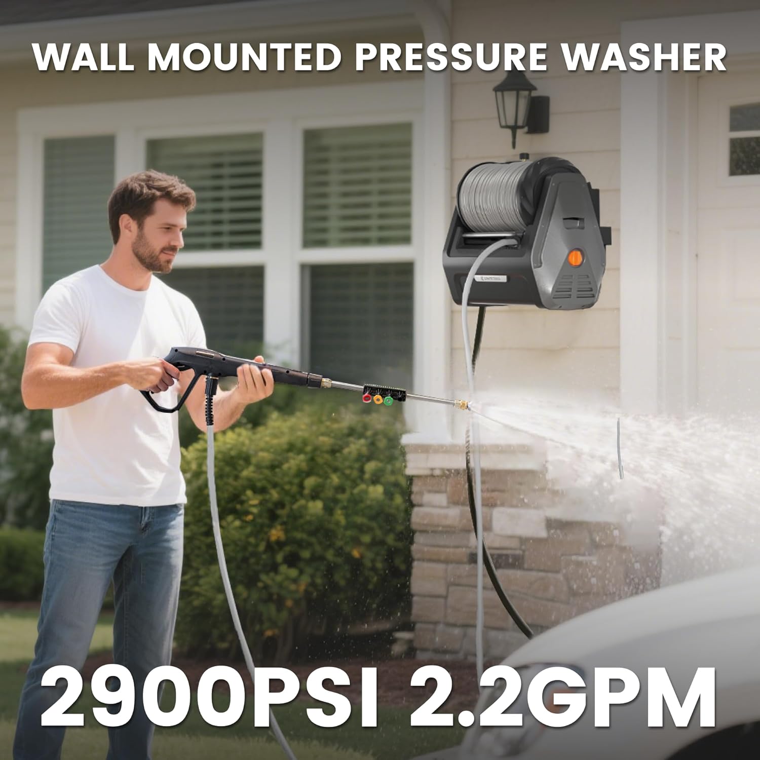 Giraffe Tools Grandfalls Retractable Wall Mount Pressure Washer Plus  Electric Power Washer with 100ft Pressure Hose  Max 2900PSI 2.2 GPM  Automatic Rewind  Any Length Lock  Dark Silver
