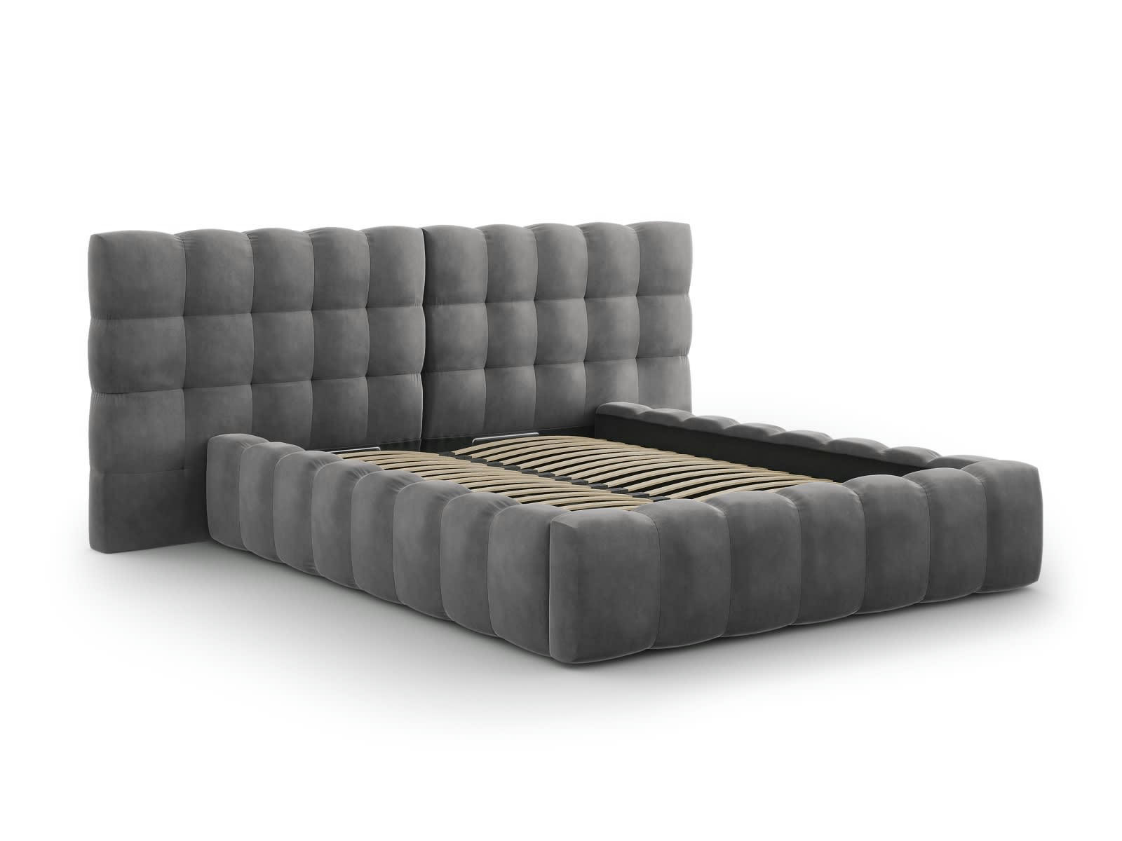 MAMAIA - Lit coffre en avec tête de lit double 160x200cm en tissu velours gris