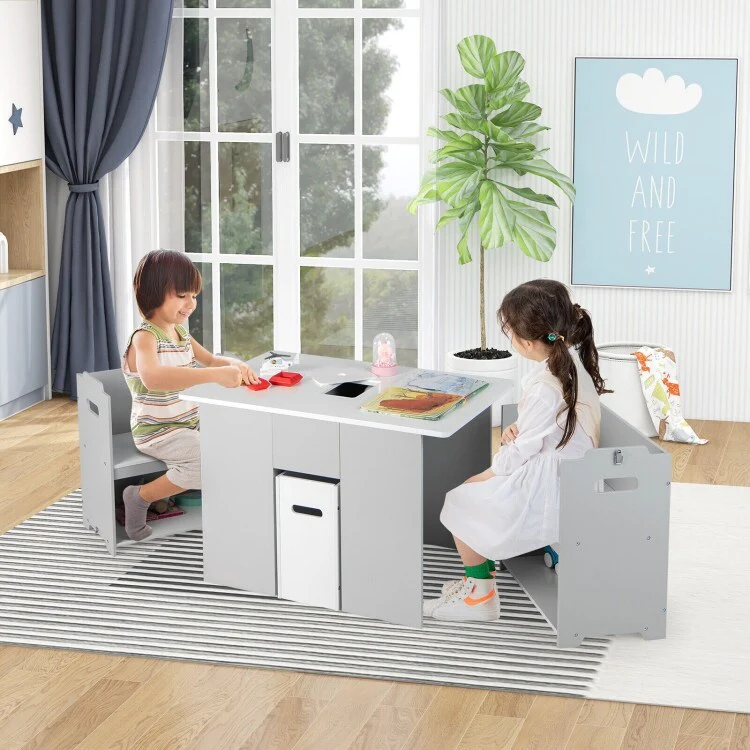 4-in-1 Kids Table and Chairs with Multiple Storage for Learning-Grey - Multi