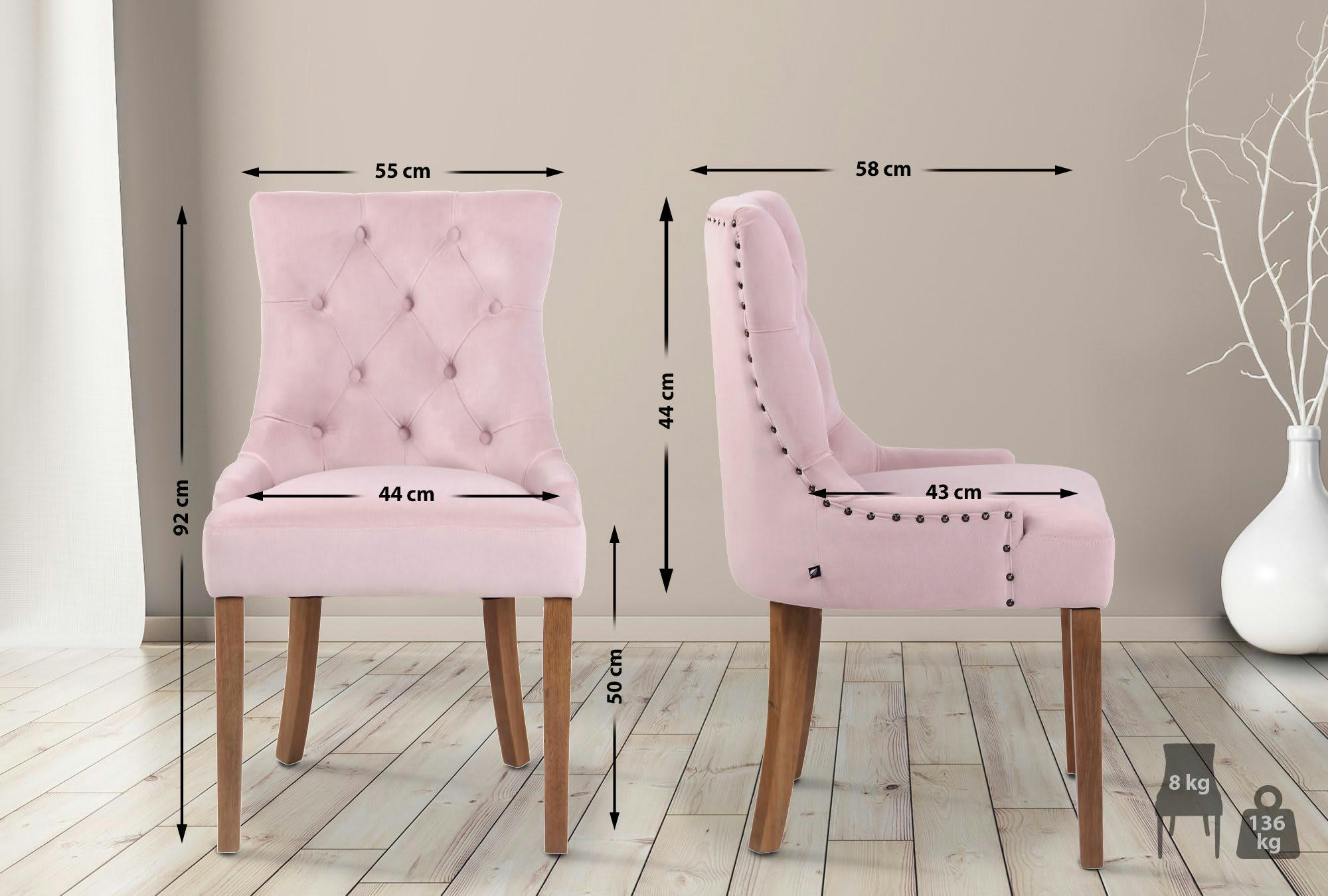 ABERDEEN - Chaise de salle à manger matelassée en velours Rose