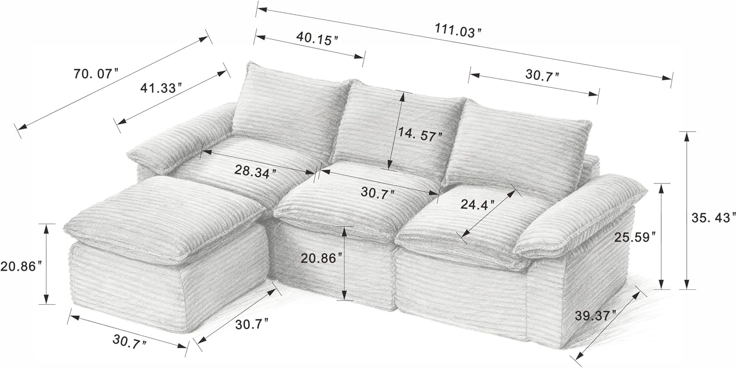 113.03 Sectional Couches for Living Room Modern Modular Sofa with L-Shape Couchs Upholstered Corduroy Boneless Couch Deep Seat Cloud Couch with Ottoman, No Assembly Required, White