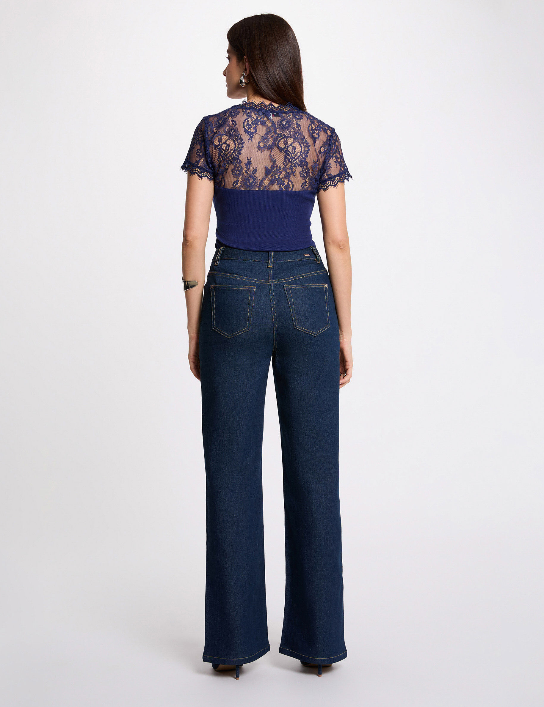 Short-Sleeved T-Shirt With Lace Navy Blue Women